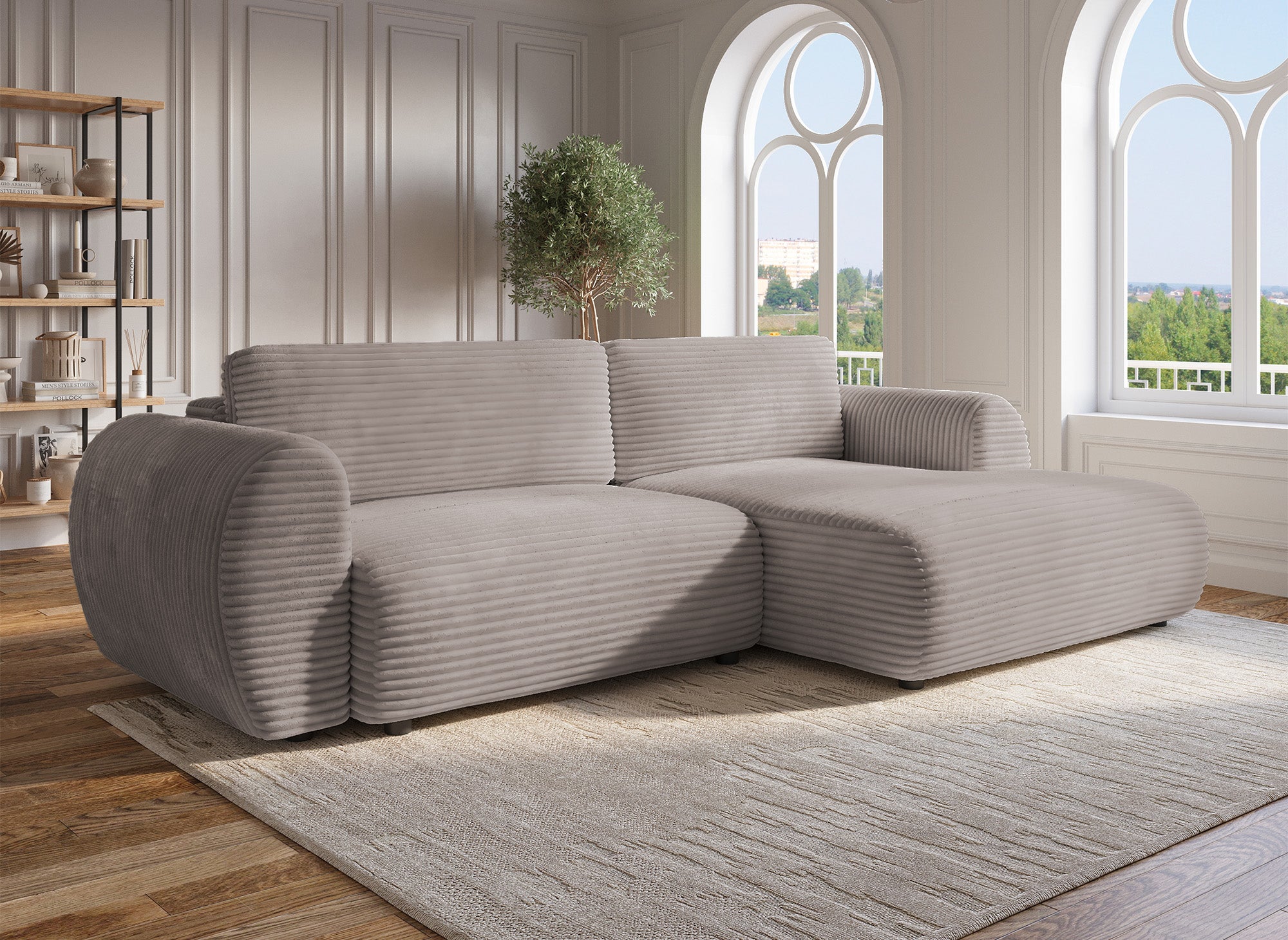 Canapé d'angle convertible avec coffre en velours gros côtelé doux taupe TILDA - Angle droit