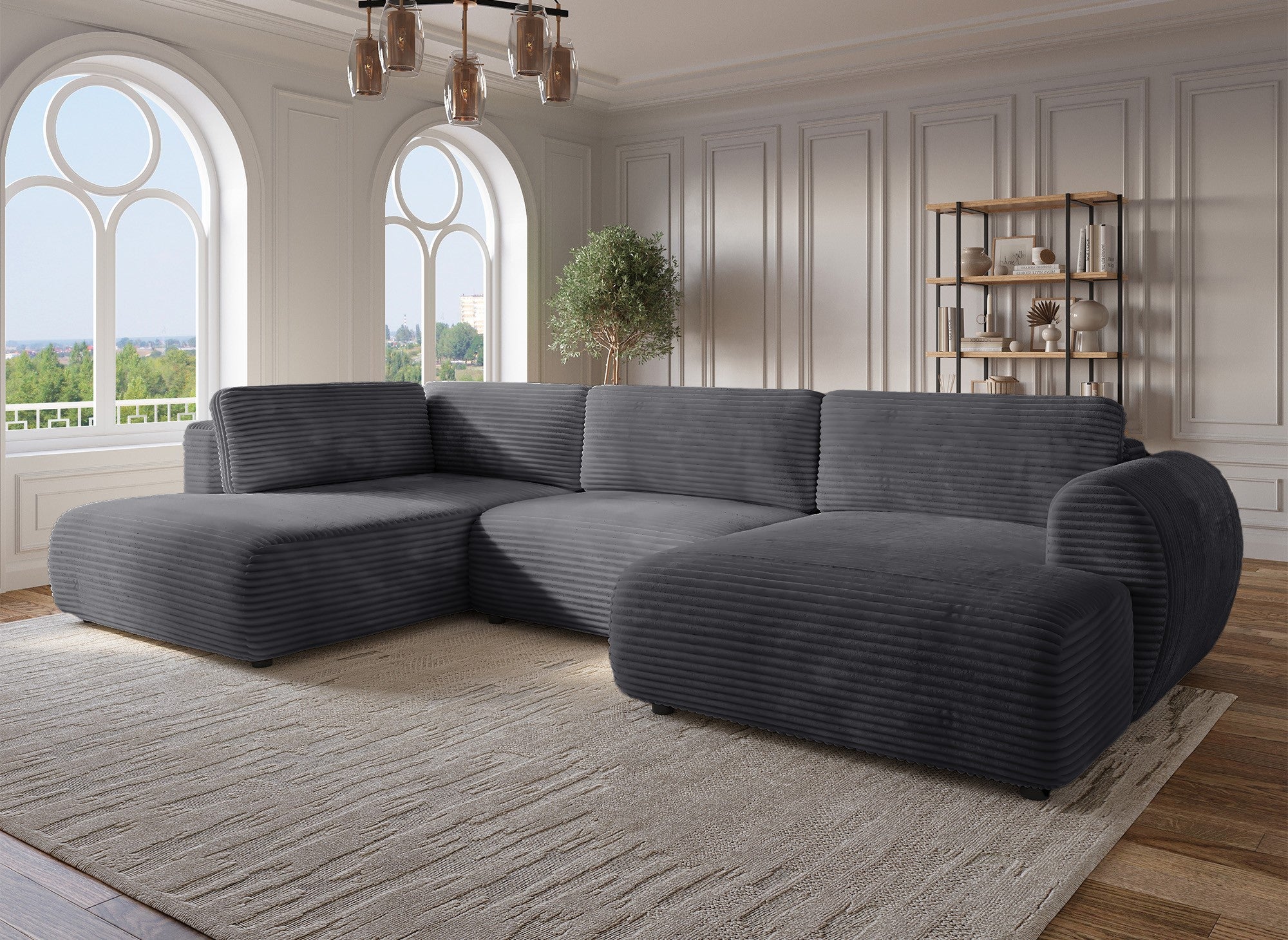 Canapé panoramique convertible avec coffre en velours gros côtelé gris TILDA - Angle gauche