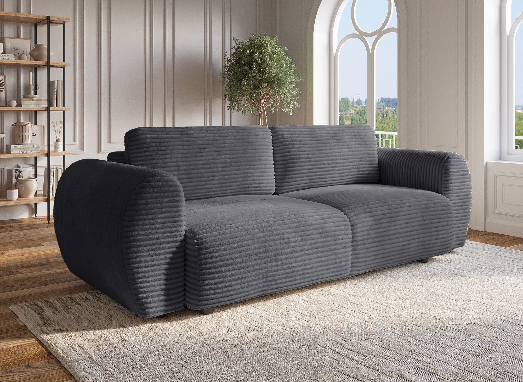 Canapé droit 3 places avec coffre en gros côtelé doux gris TILDA.