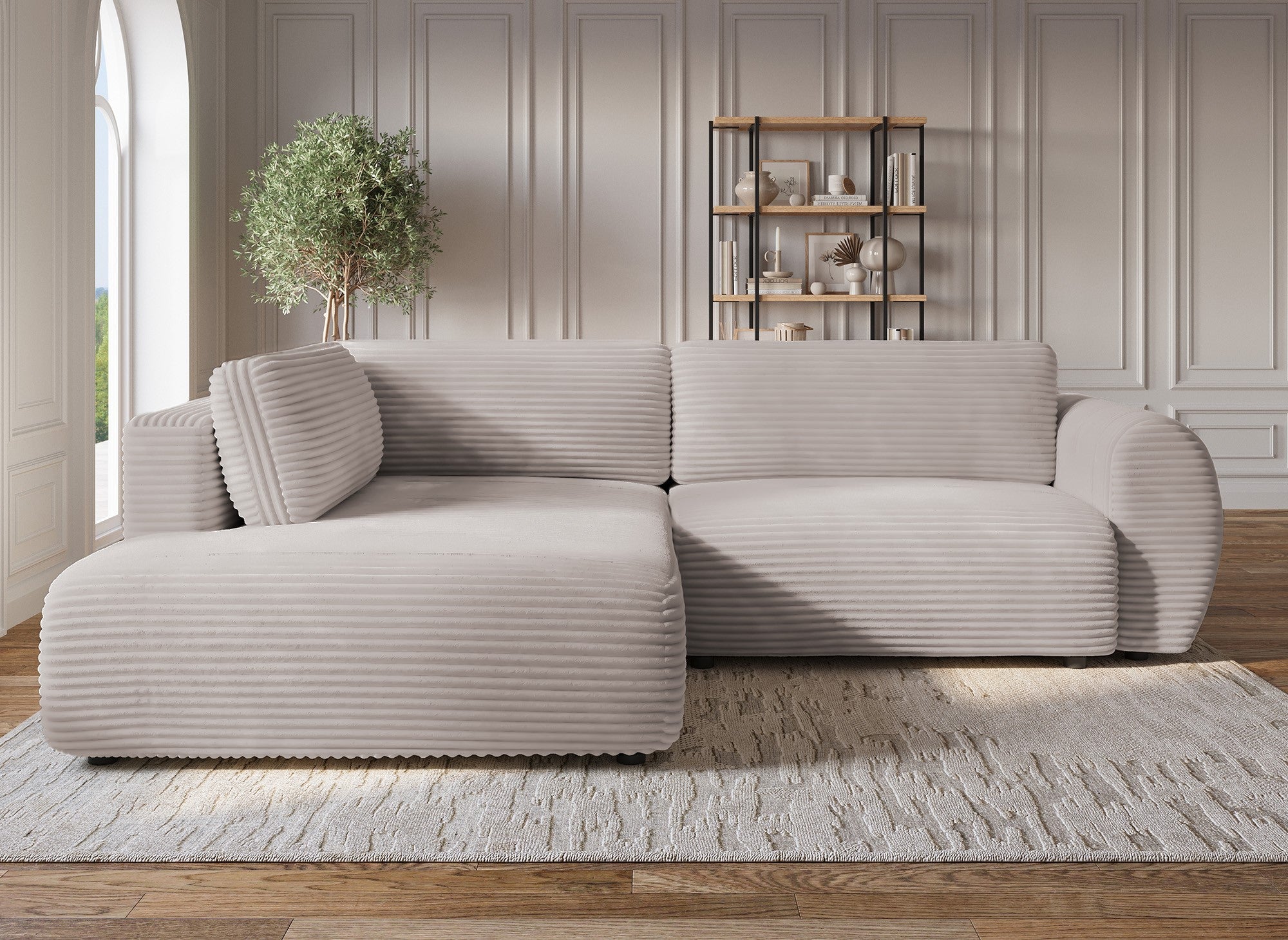 Canapé d'angle convertible avec méridienne et coffre en gros côtelé doux taupe TILDA - Angle gauche