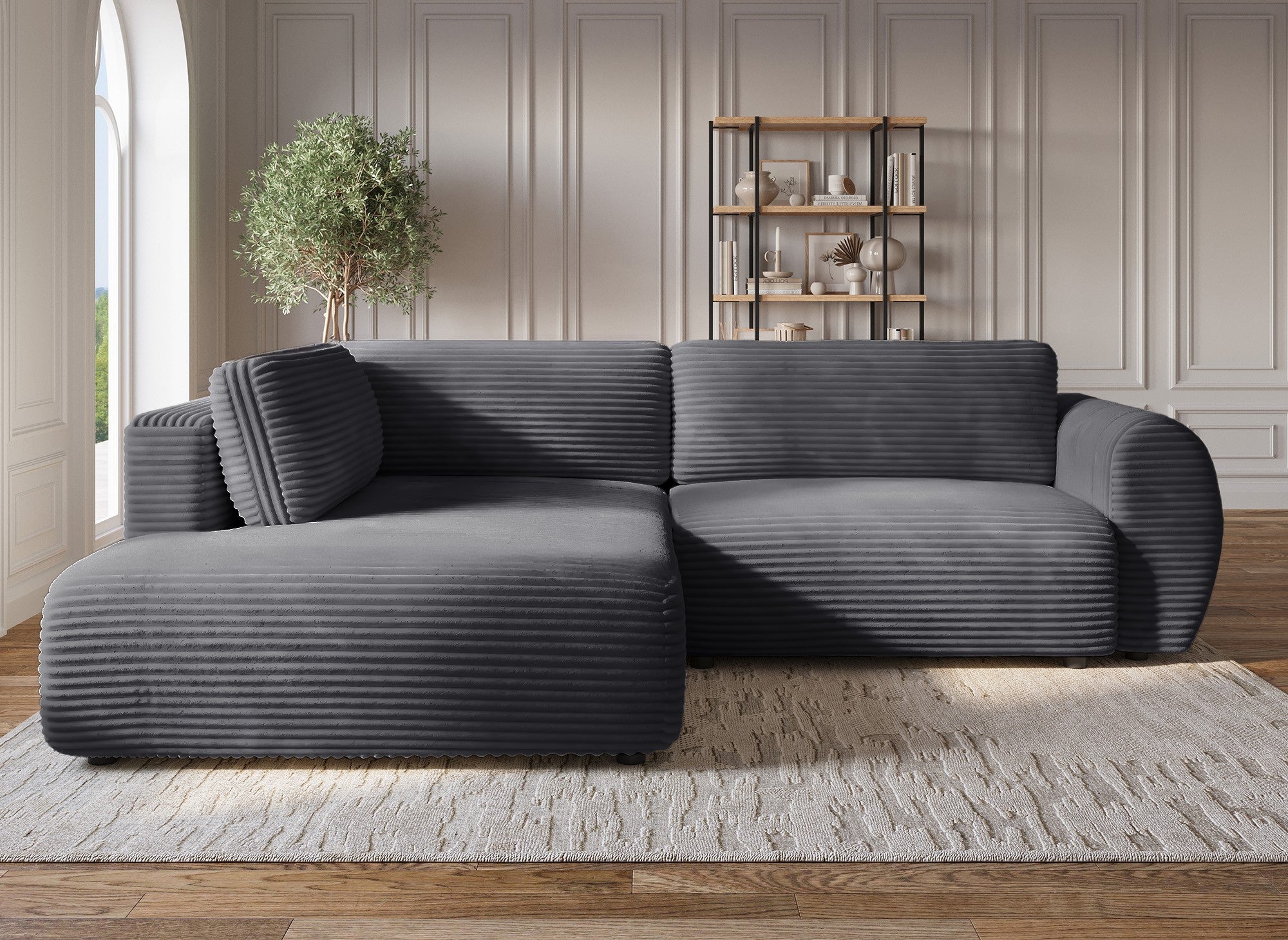 Canapé d'angle convertible avec méridienne et coffre en gros côtelé doux gris TILDA - Angle gauche