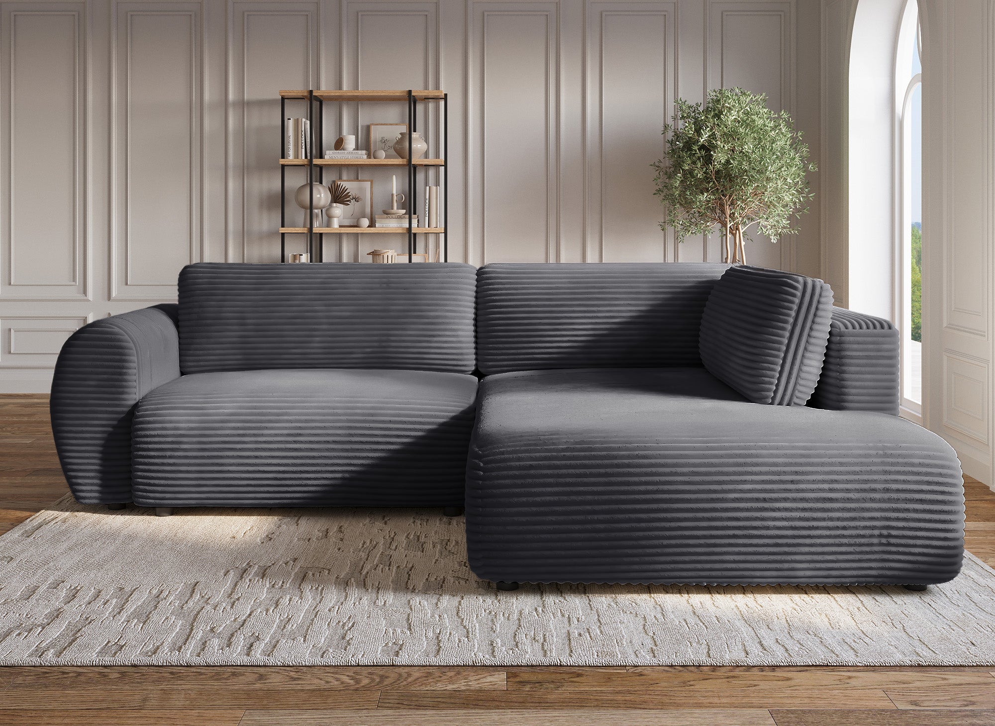 Canapé d'angle convertible avec méridienne et coffre en gros côtelé gris TILDA - Angle droit