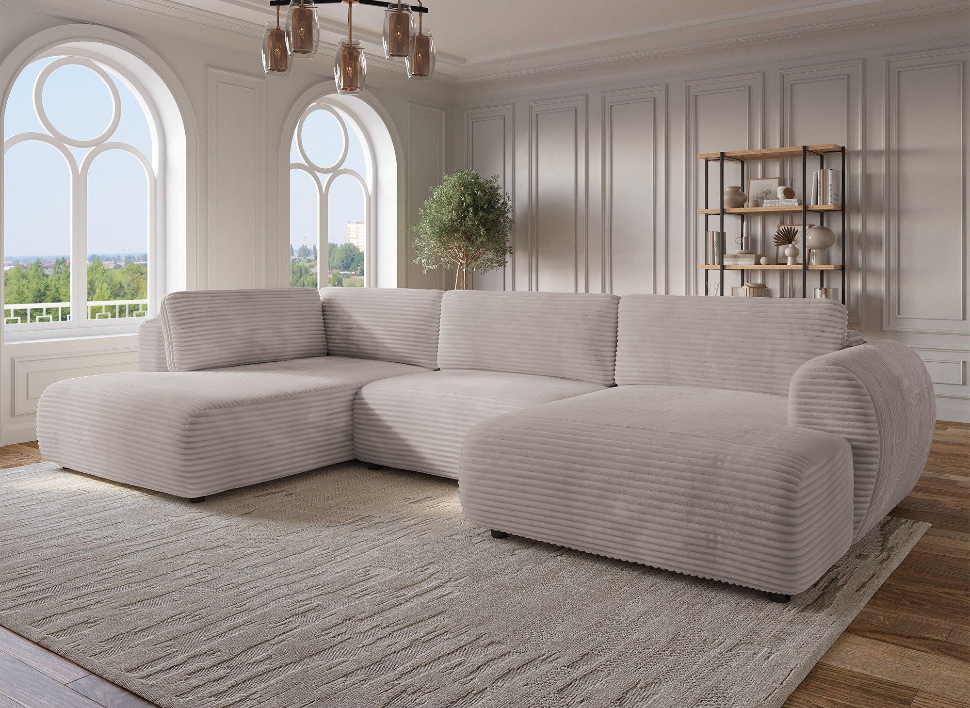 Canapé panoramique convertible avec coffre en velours gros côtelé taupe TILDA - Angle gauche