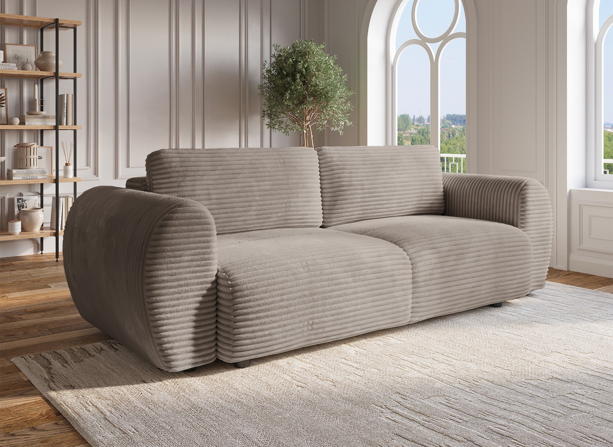 Canapé droit 3 places avec coffre en gros côtelé doux taupe TILDA