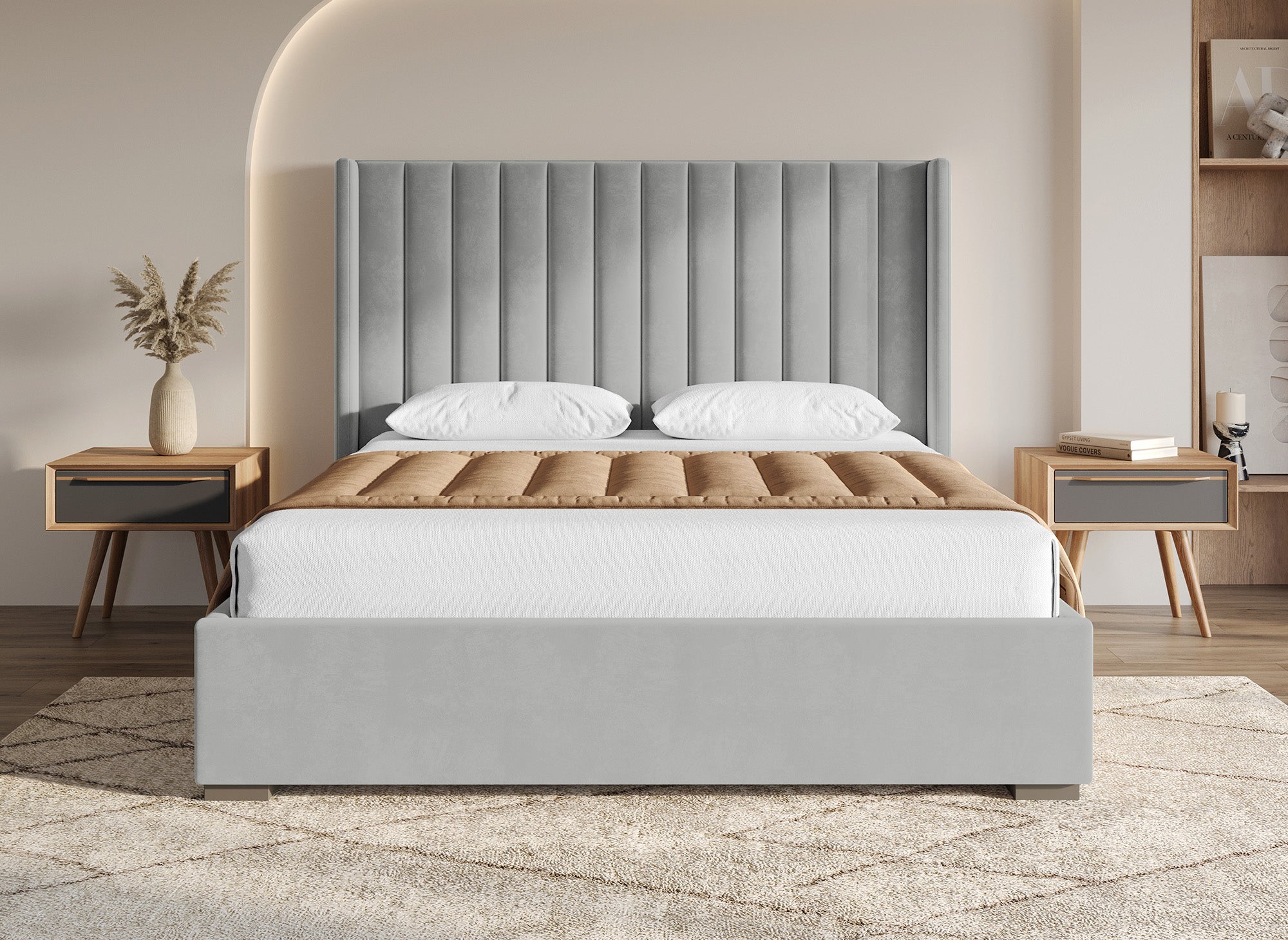 Lit coffre en velours gris 180x200 ALENA