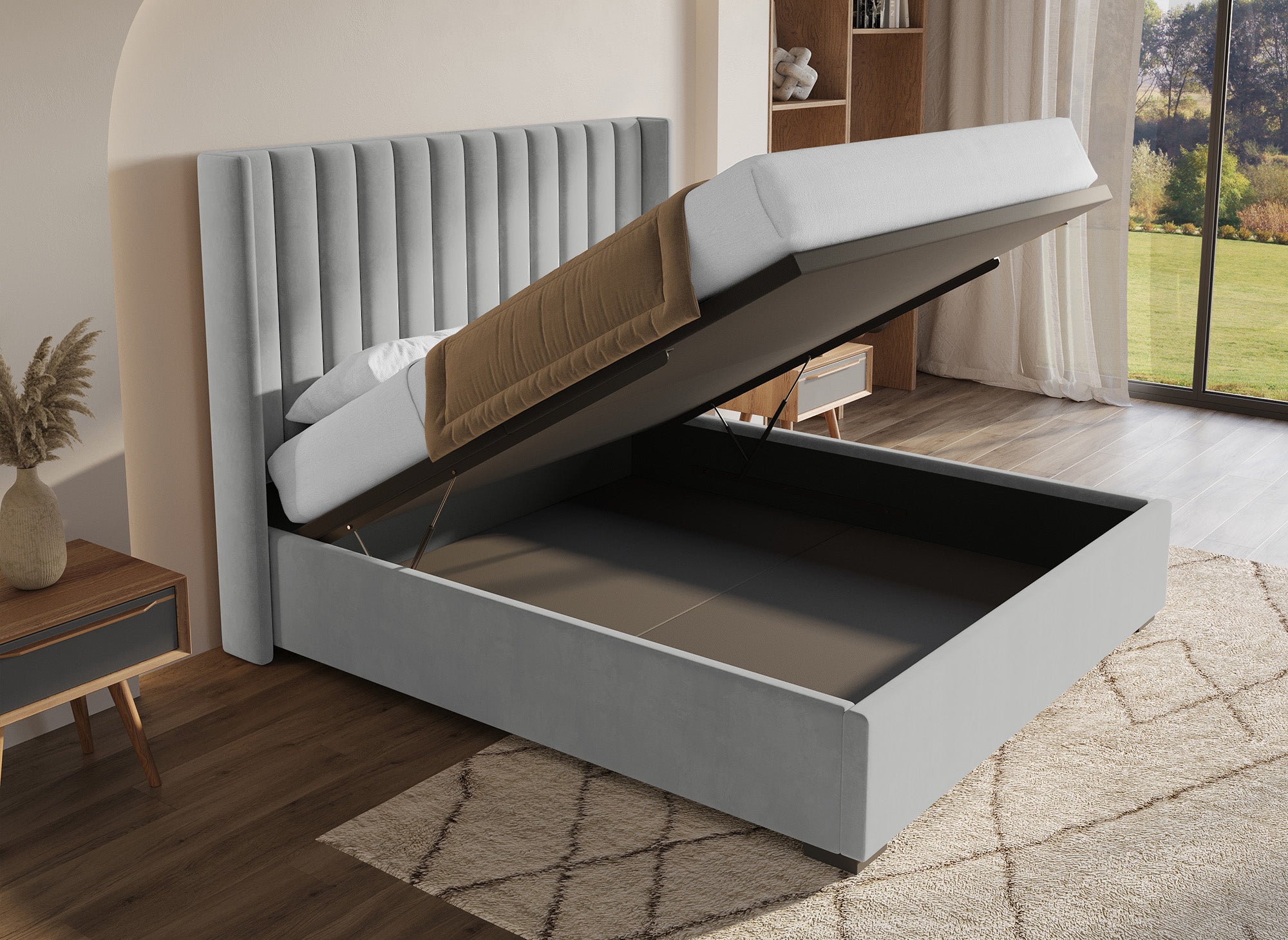 Lit coffre en velours gris 180x200 ALENA