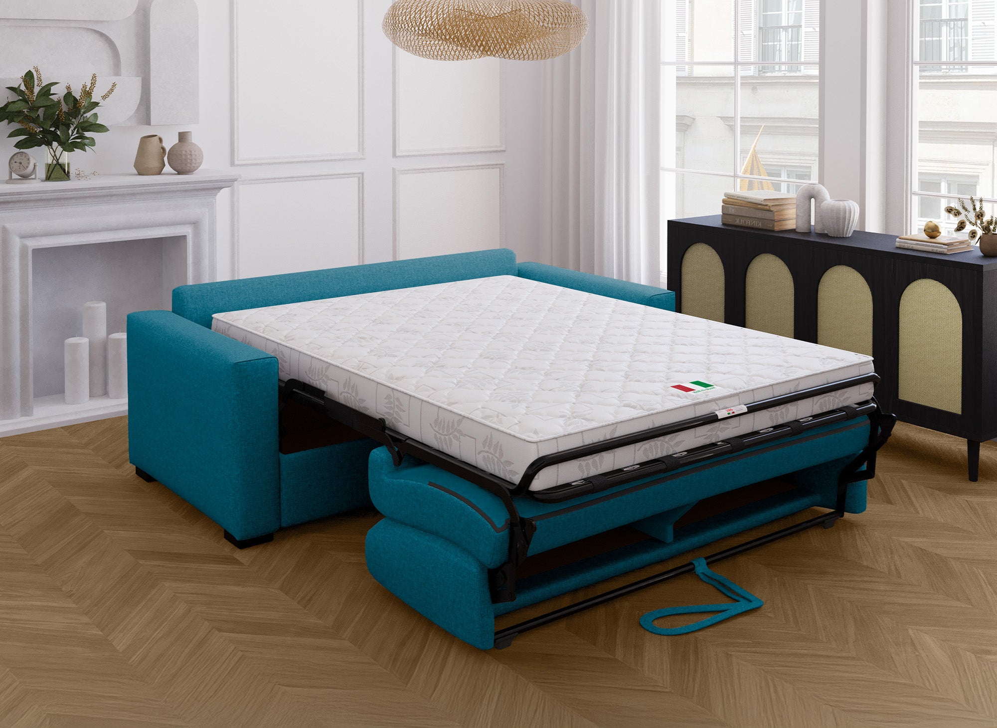 Divano trasformabile 3 posti LOUNA in tessuto blu petrolio, apertura rapida