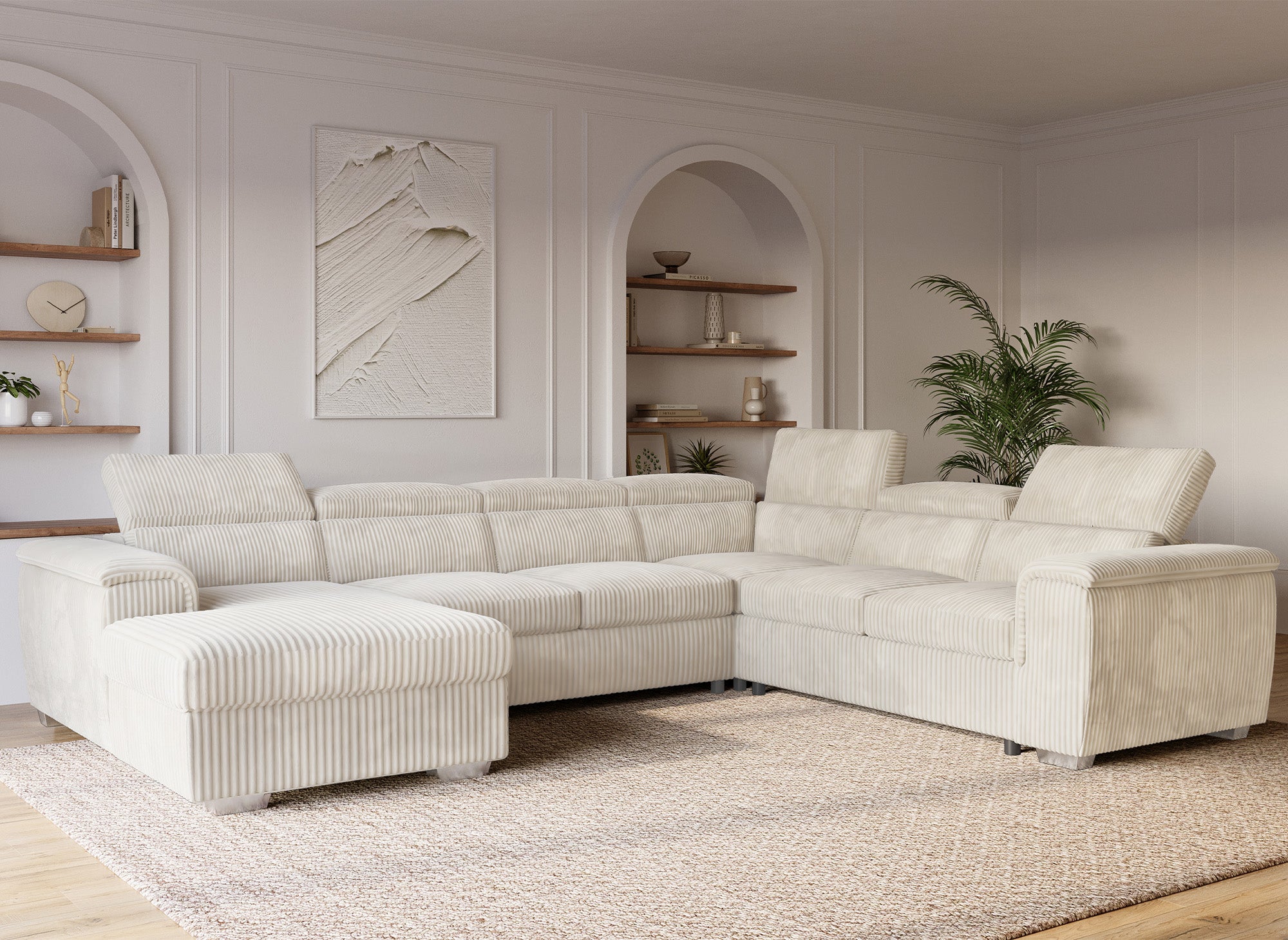 Canapé panoramique convertible avec coffre en velours côtelé épais beige GAELLE - Angle gauche