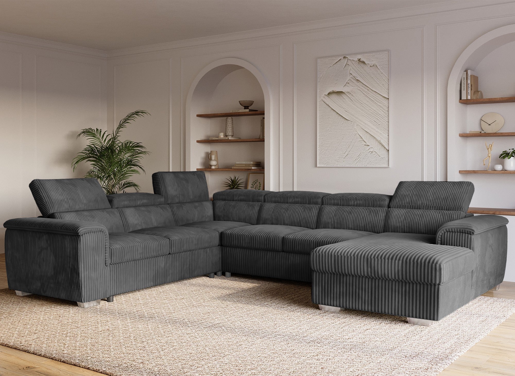 Canapé panoramique convertible avec coffre en velours côtelé épais gris GAELLE - angle droit