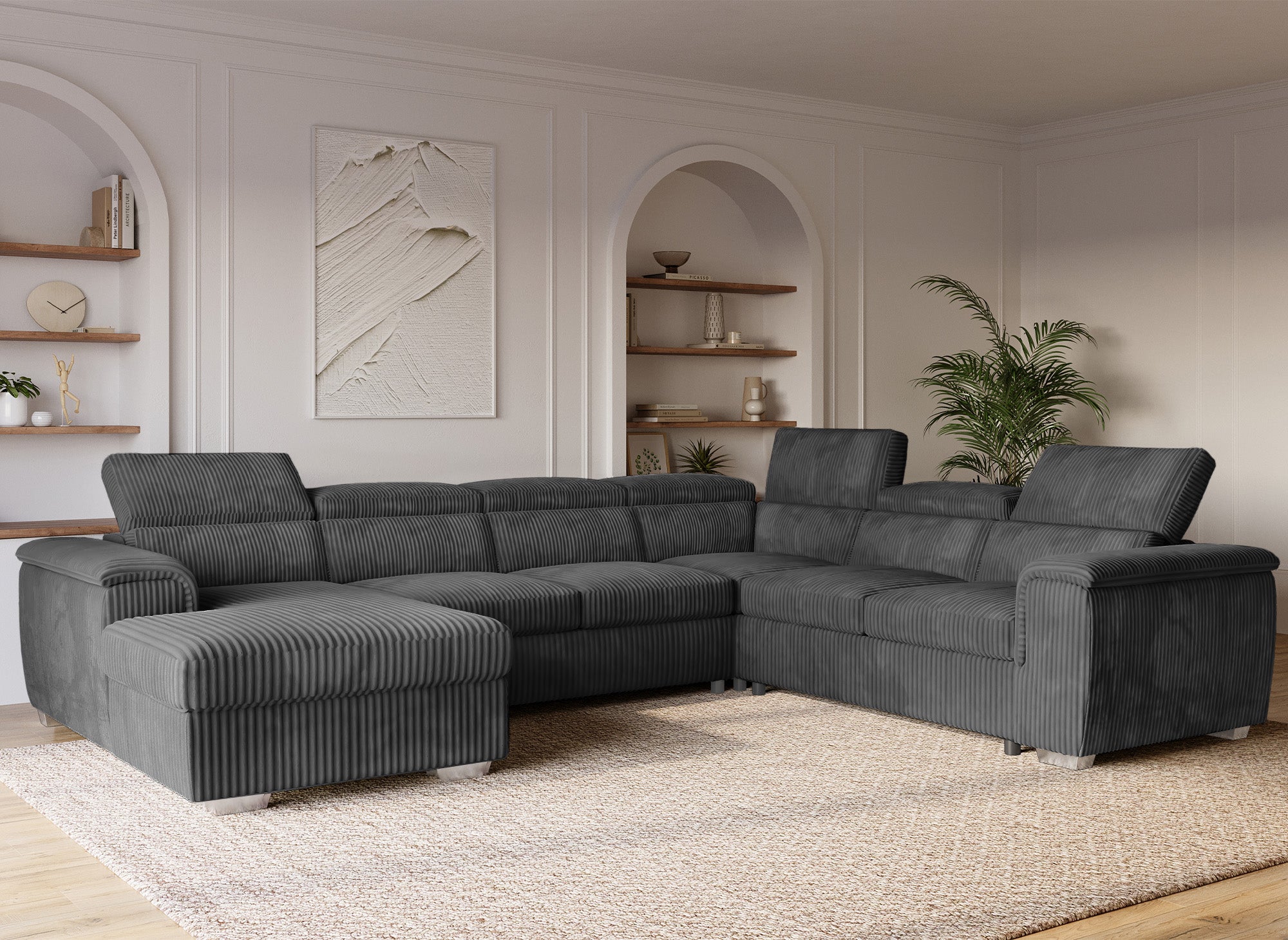 Canapé panoramique convertible avec coffre en velours côtelé épais gris GAELLE - Angle Gauche