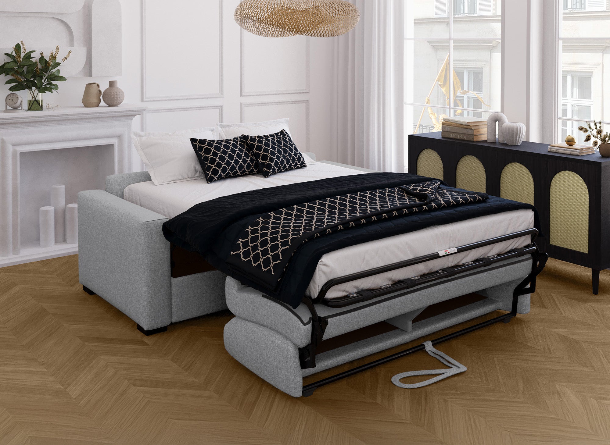 Canapé convertible 3 places LOUNA en tissu gris ouverture express