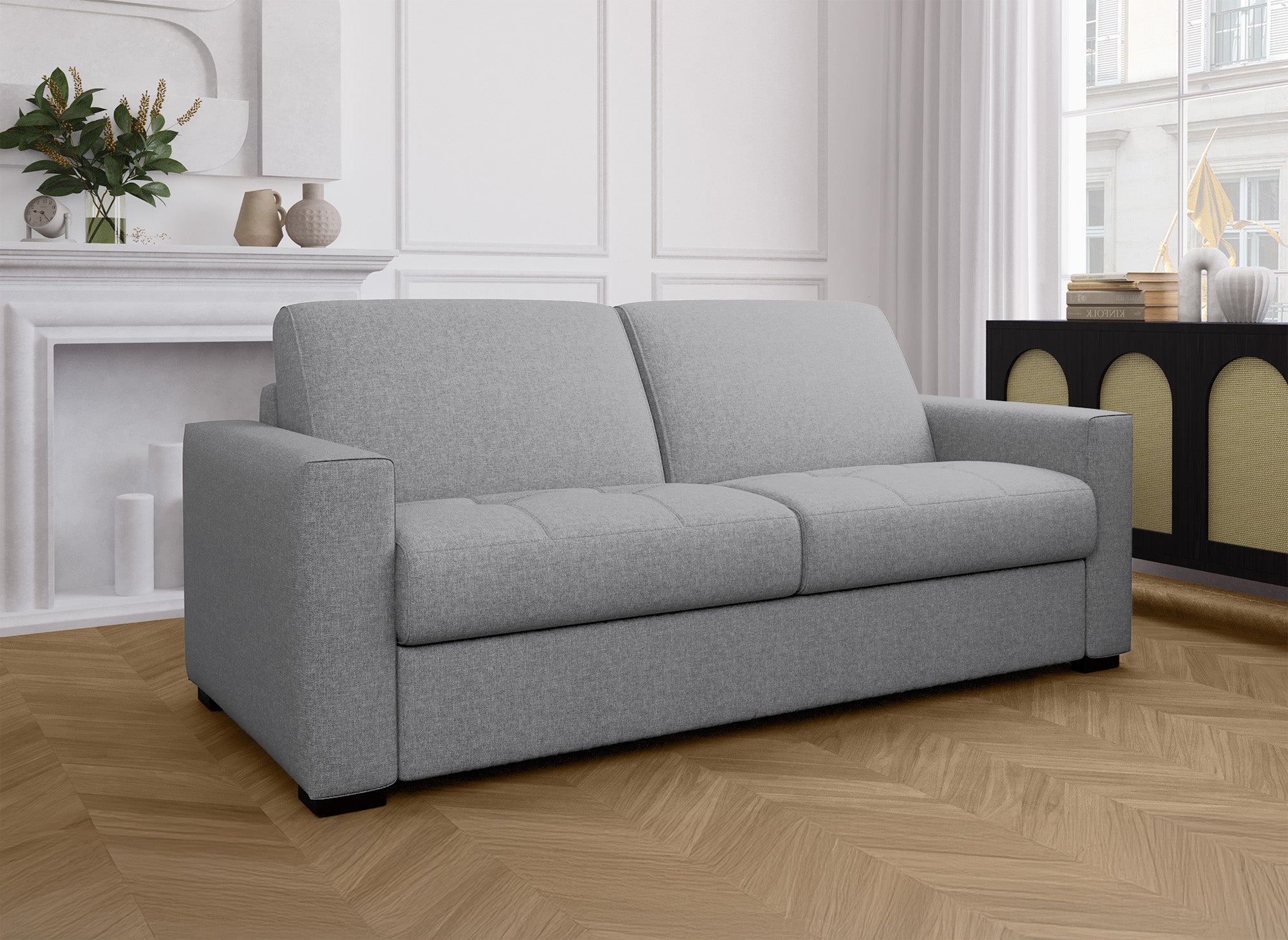 Canapé convertible 3 places LOUNA en tissu gris ouverture express