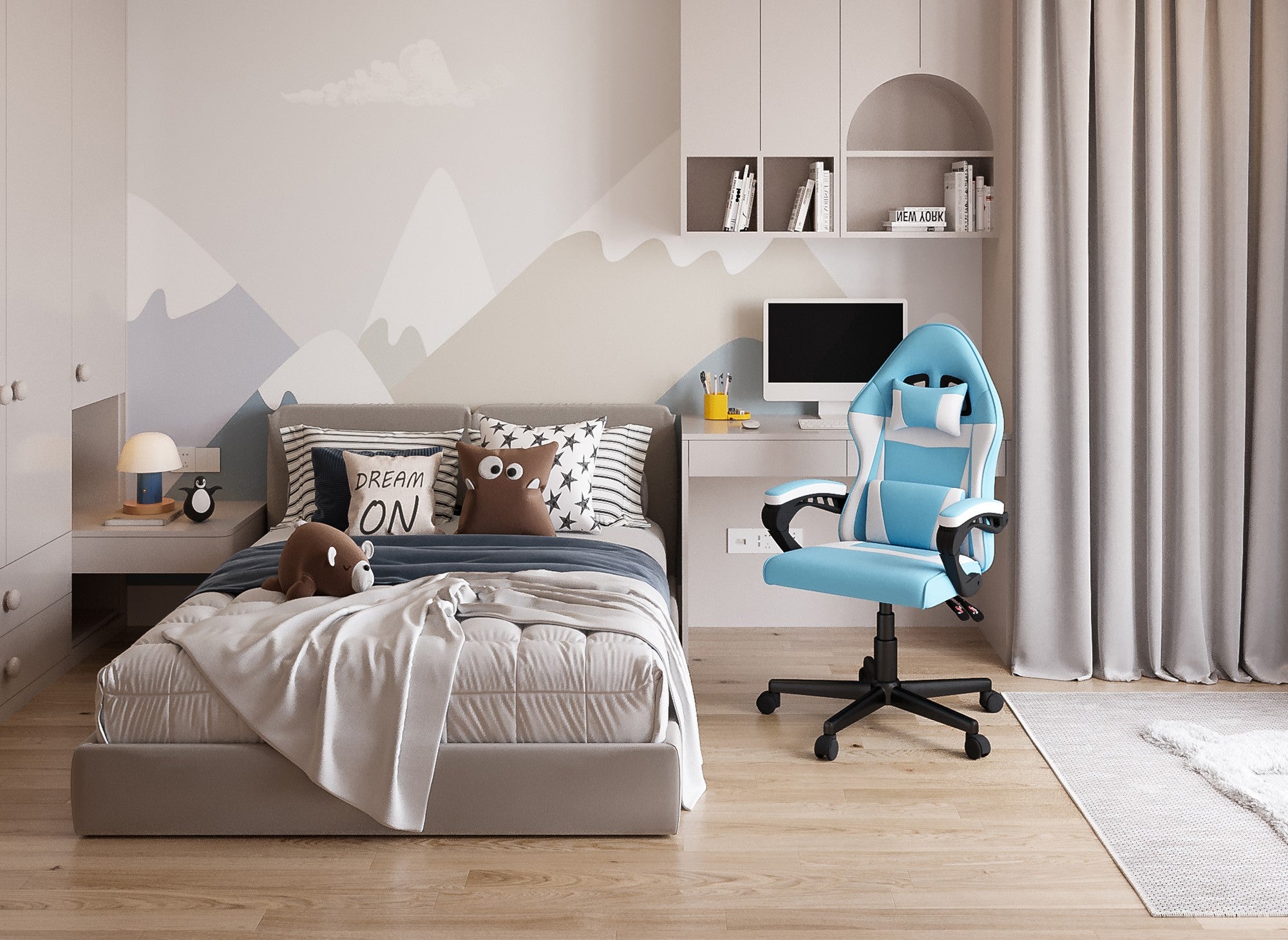 Fauteuil de bureau en tissu bleu et blanc GHOST