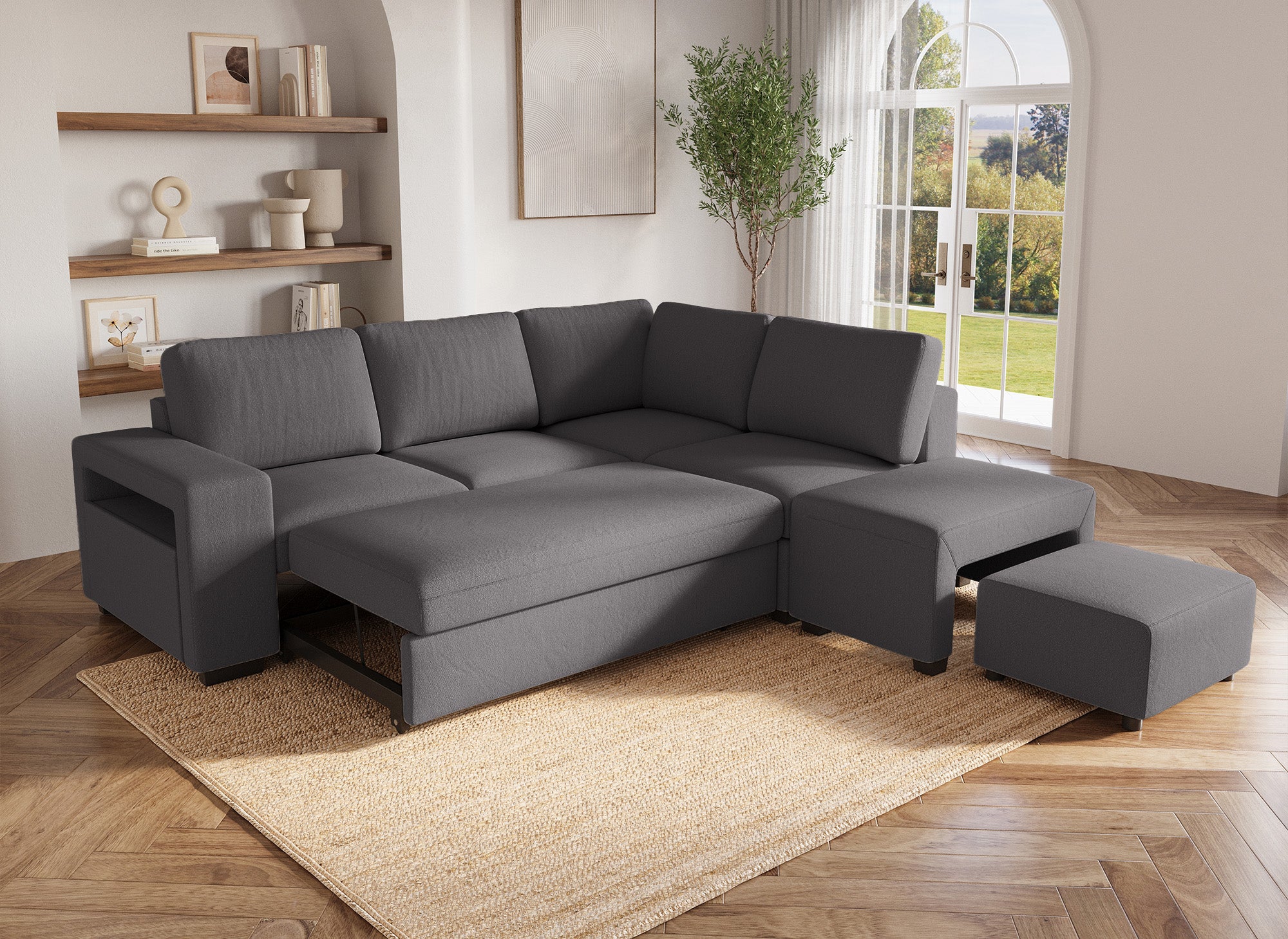 Divano angolare trasformabile in tessuto grigio scuro ALBAN - Angolo retto