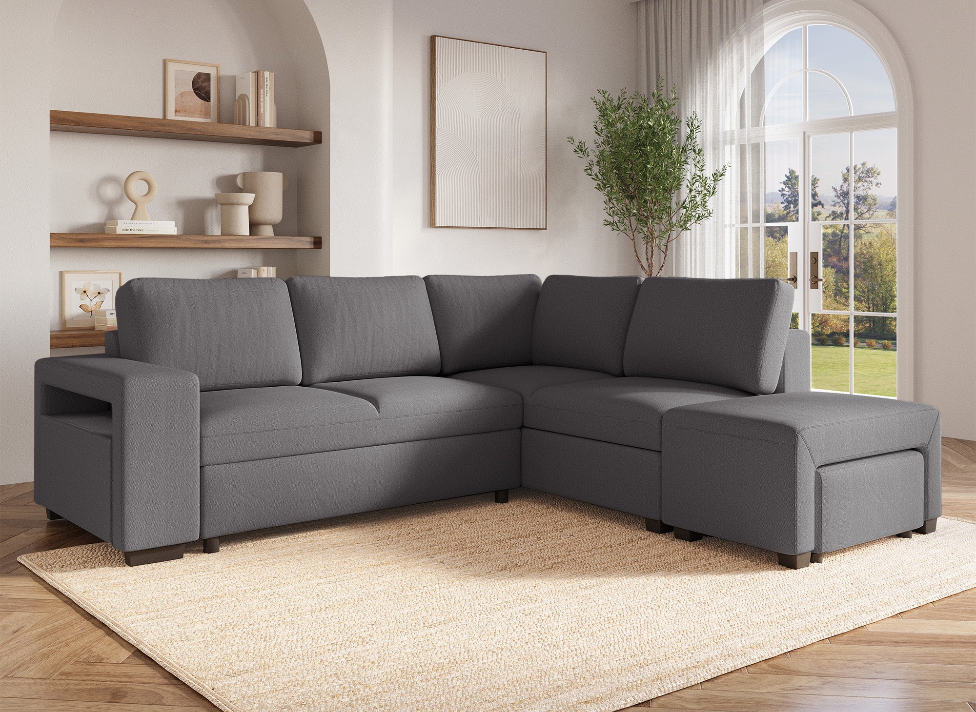 Divano angolare trasformabile in tessuto grigio scuro ALBAN - Angolo retto