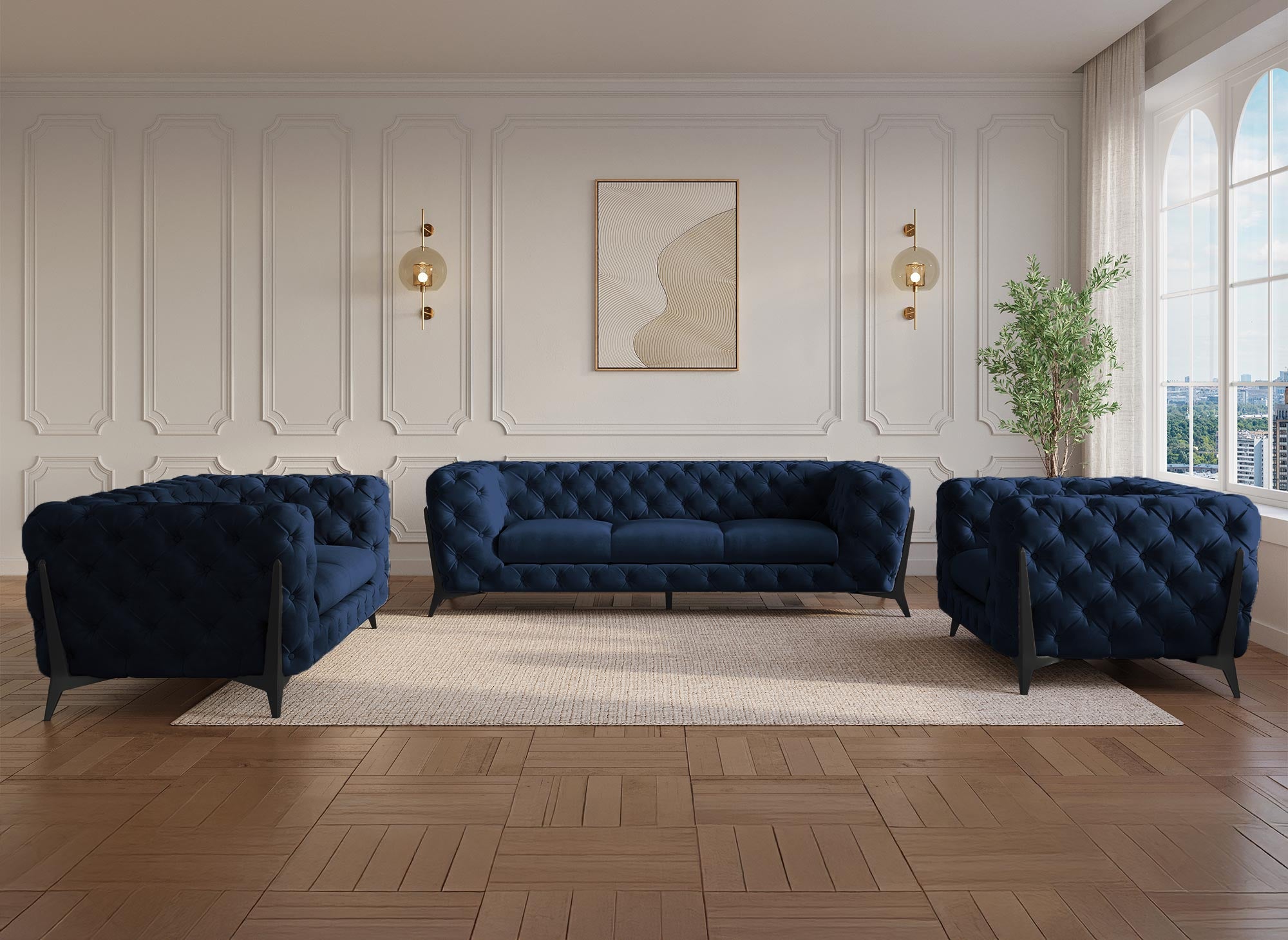 Canapé 3 places capitonné chesterfield velours bleu CARMEN