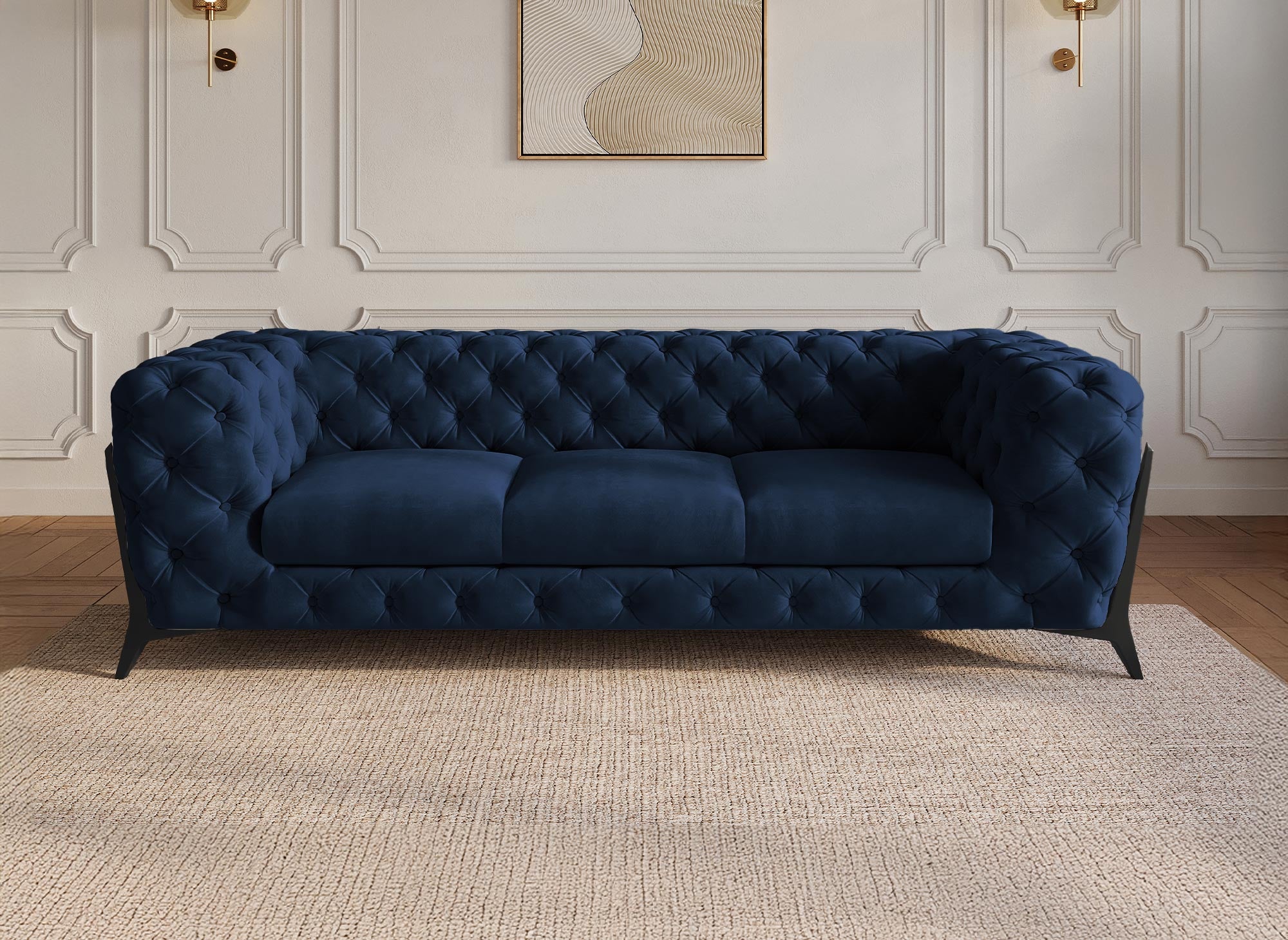 Canapé 3 places capitonné chesterfield velours bleu CARMEN