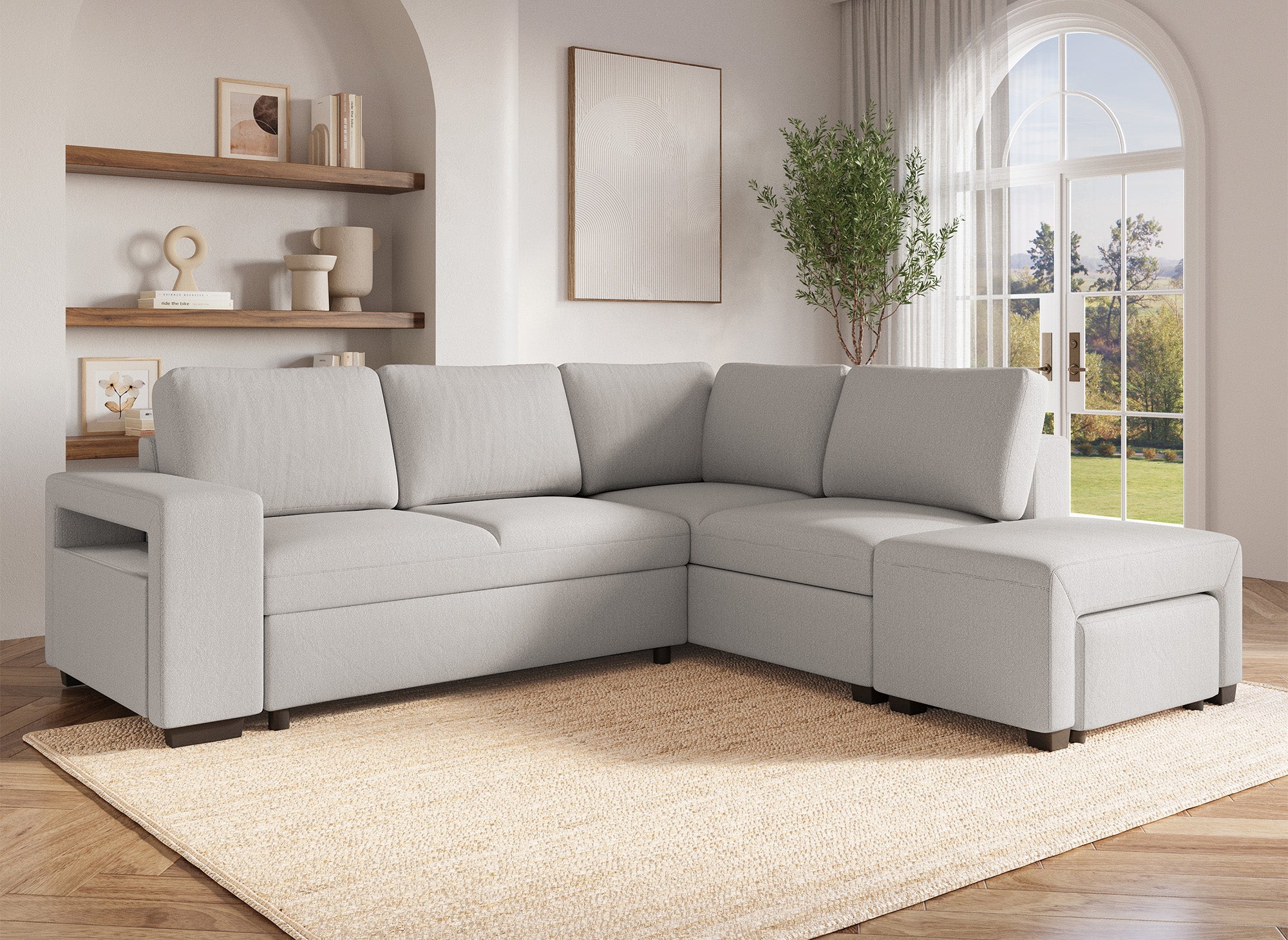 Canapé d'angle convertible en tissu beige ALBAN - Angle droit