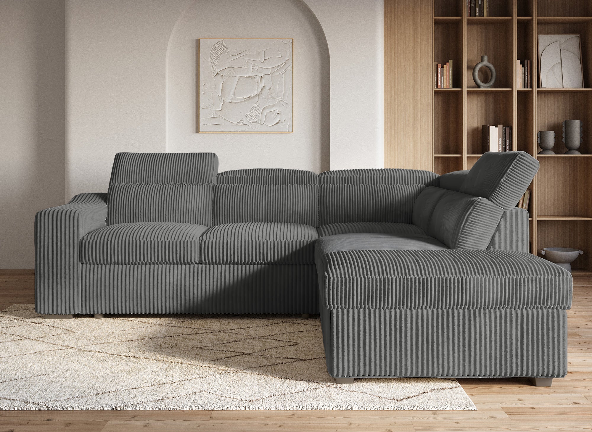 Canapé d'angle convertible avec coffre en velours côtelé gris MARTY - Angle droit