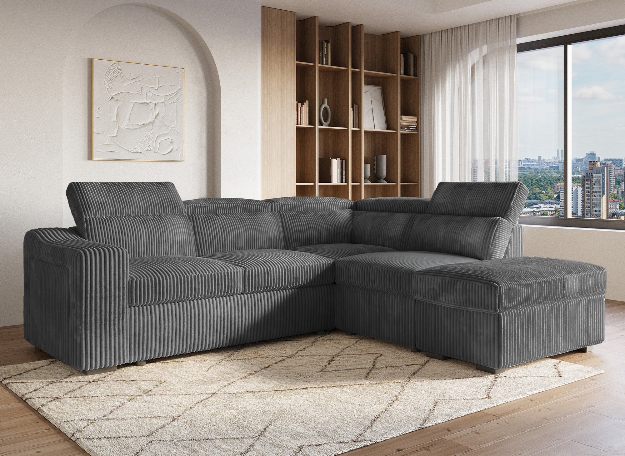 Canapé d'angle convertible avec coffre en velours côtelé gris MARTY - Angle droit