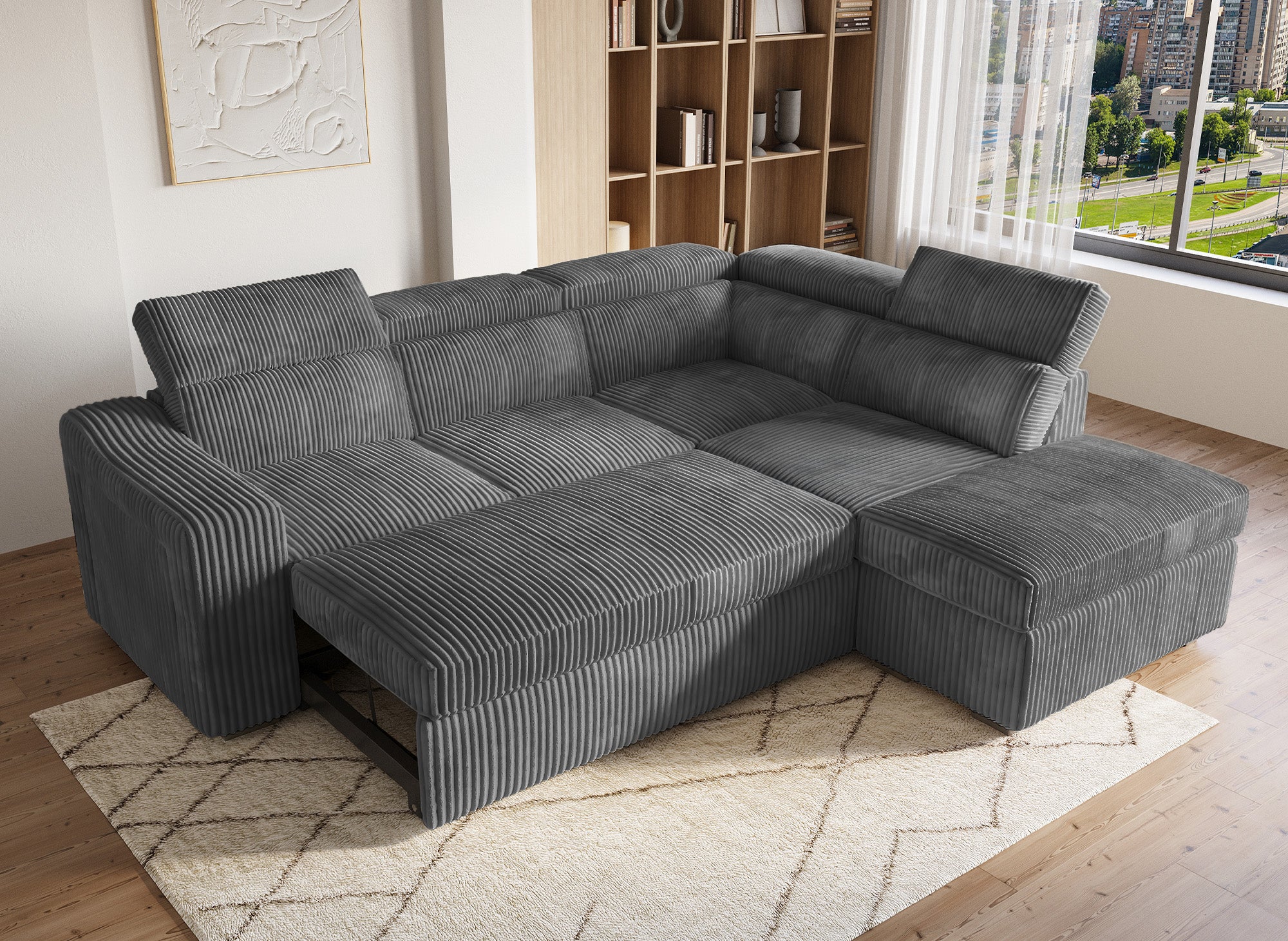 Canapé d'angle convertible avec coffre en velours côtelé gris MARTY - Angle droit