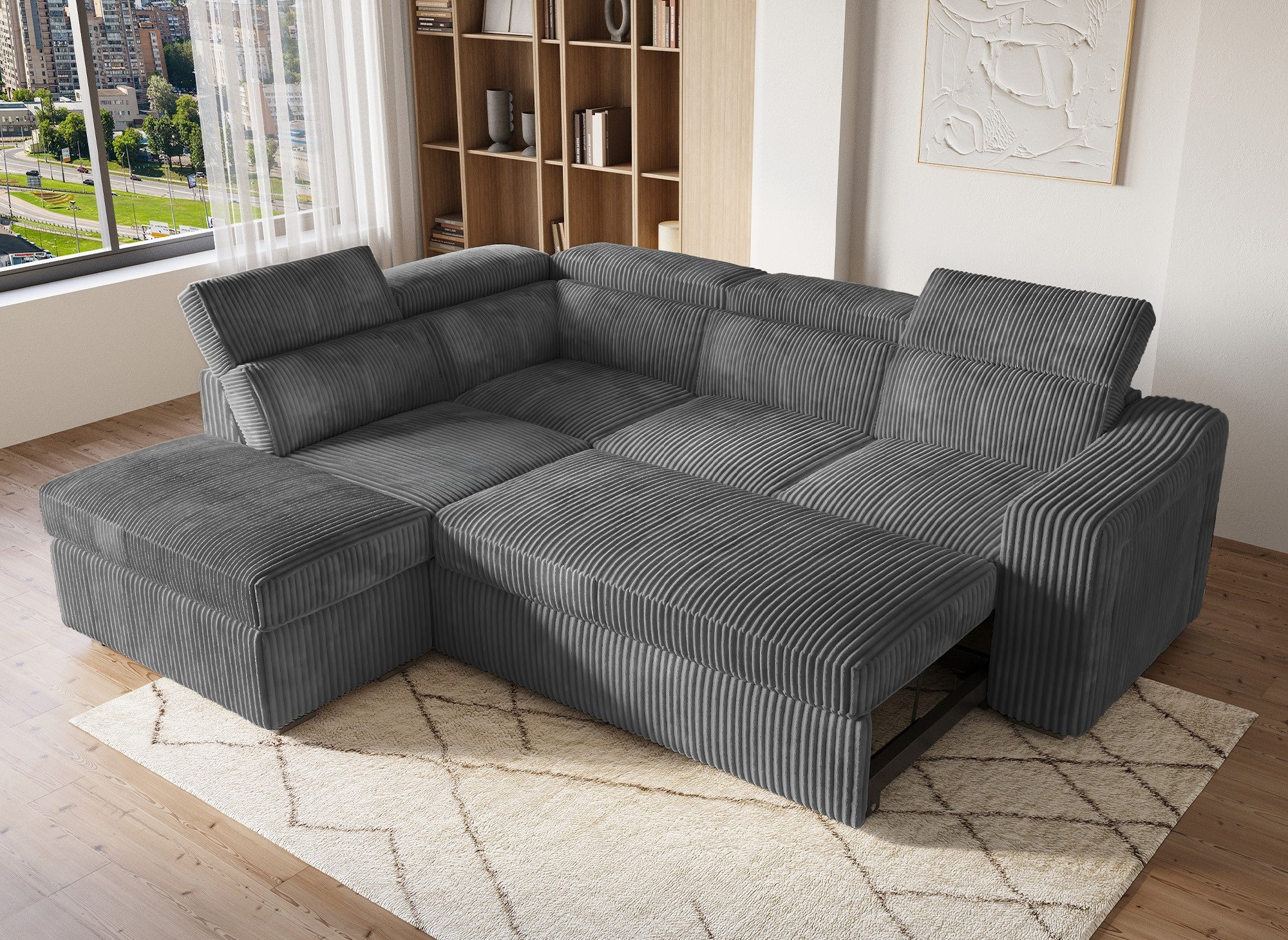 Canapé d'angle convertible avec coffre en velours côtelé gris MARTY - Angle gauche