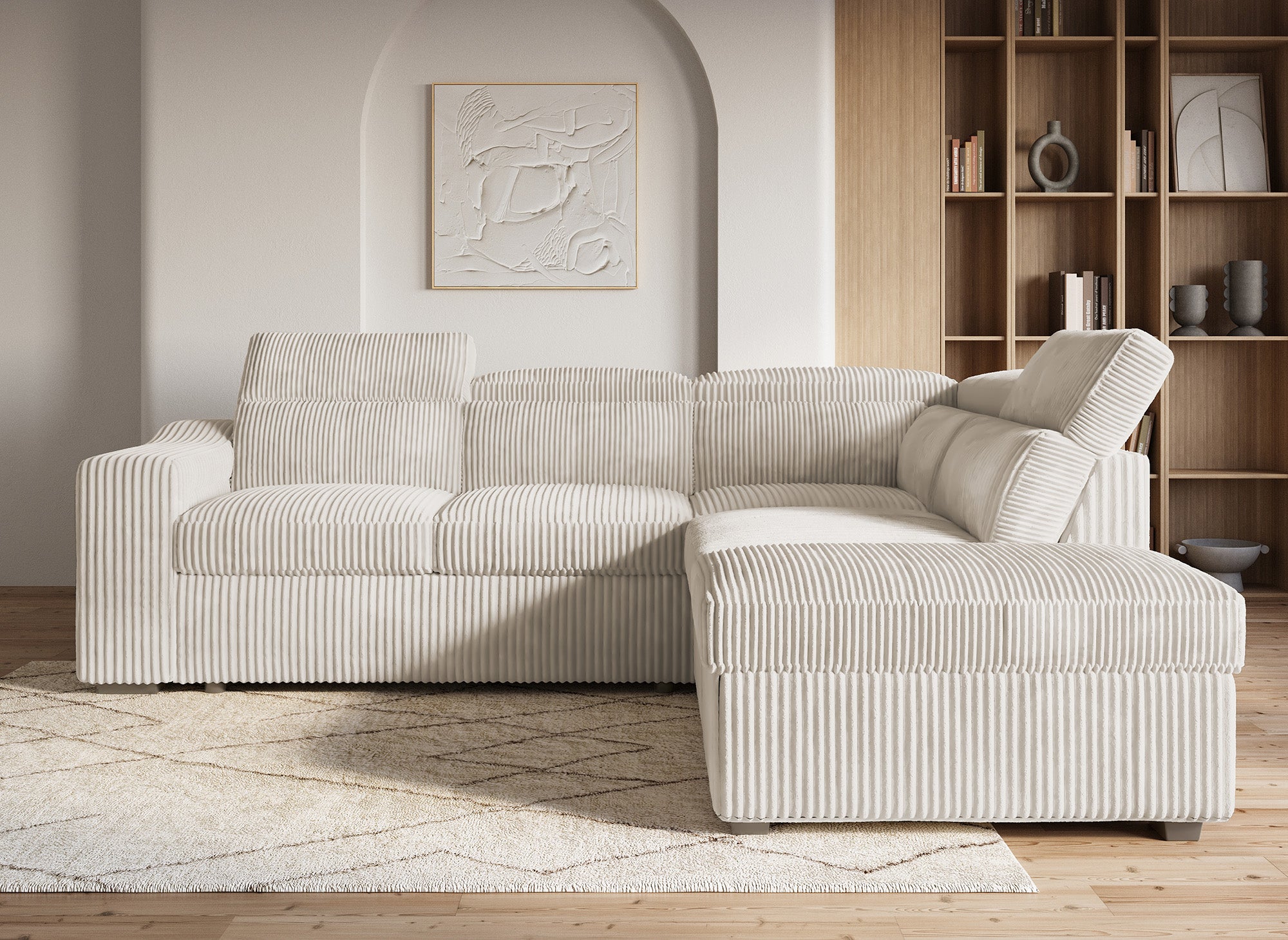 Canapé d'angle convertible avec coffre en velours côtelé beige MARTY - Angle droit