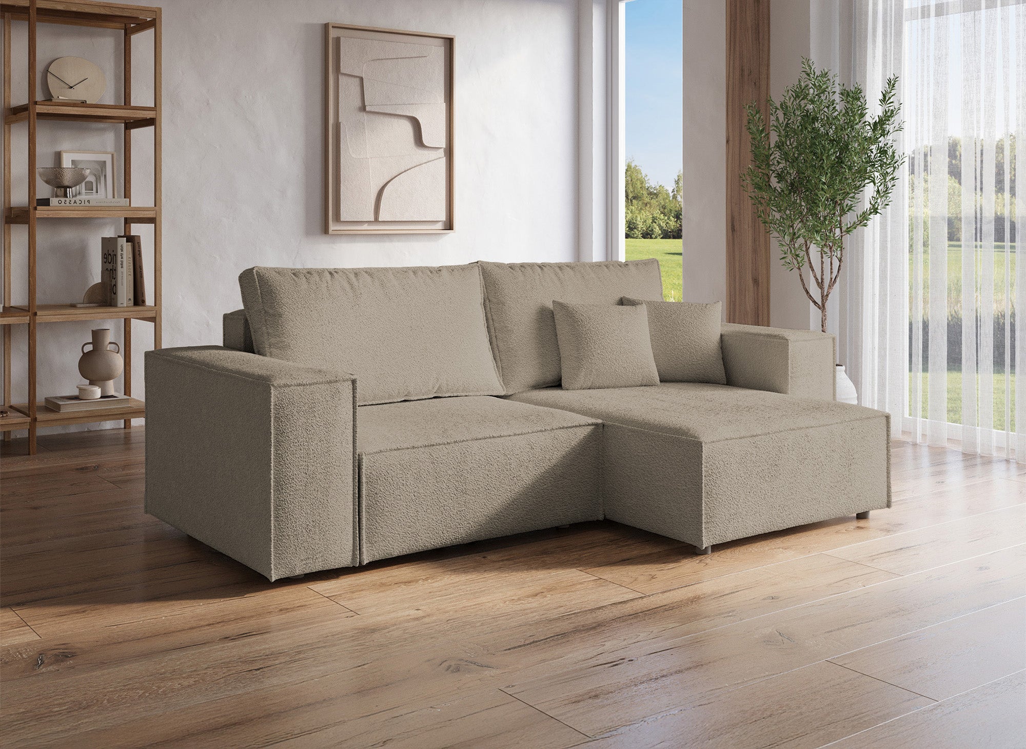 Canapé d'angle convertible et réversible avec coffre en tissu bouclette taupe JADE MINI