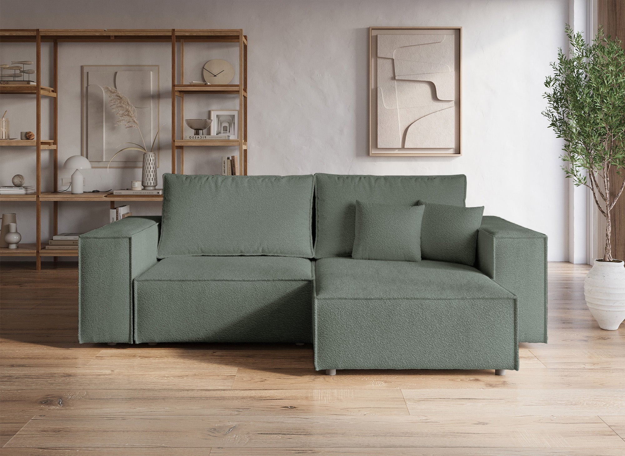 Canapé d'angle convertible et réversible avec coffre en tissu bouclette vert  kaki JADE MINI