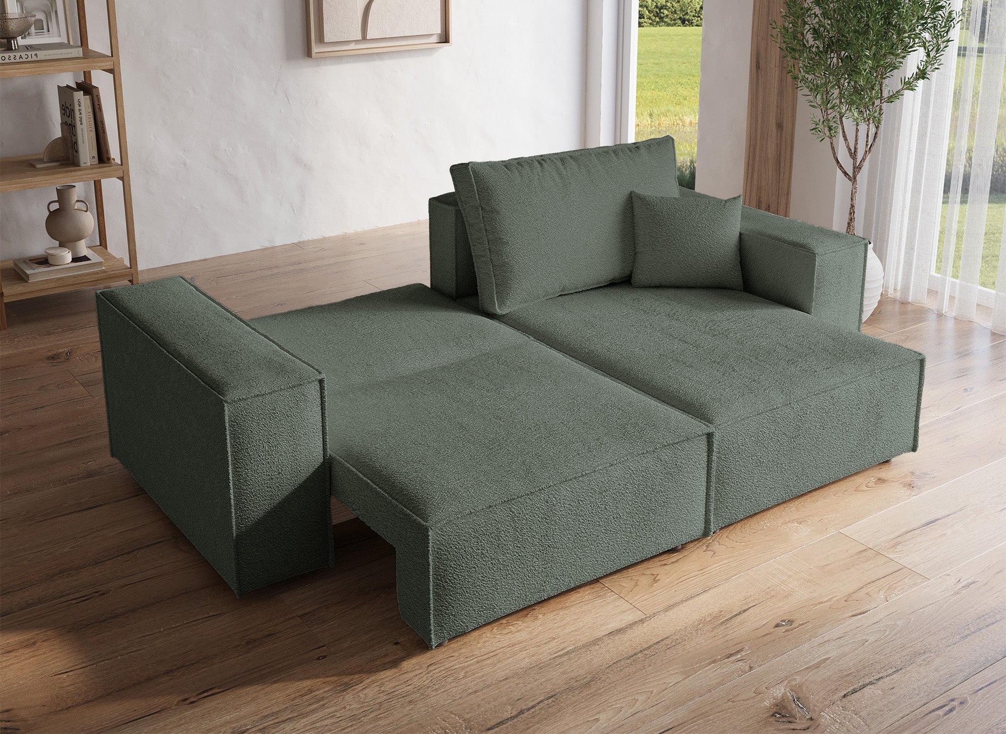 Canapé d'angle convertible et réversible avec coffre en tissu bouclette vert  kaki JADE MINI