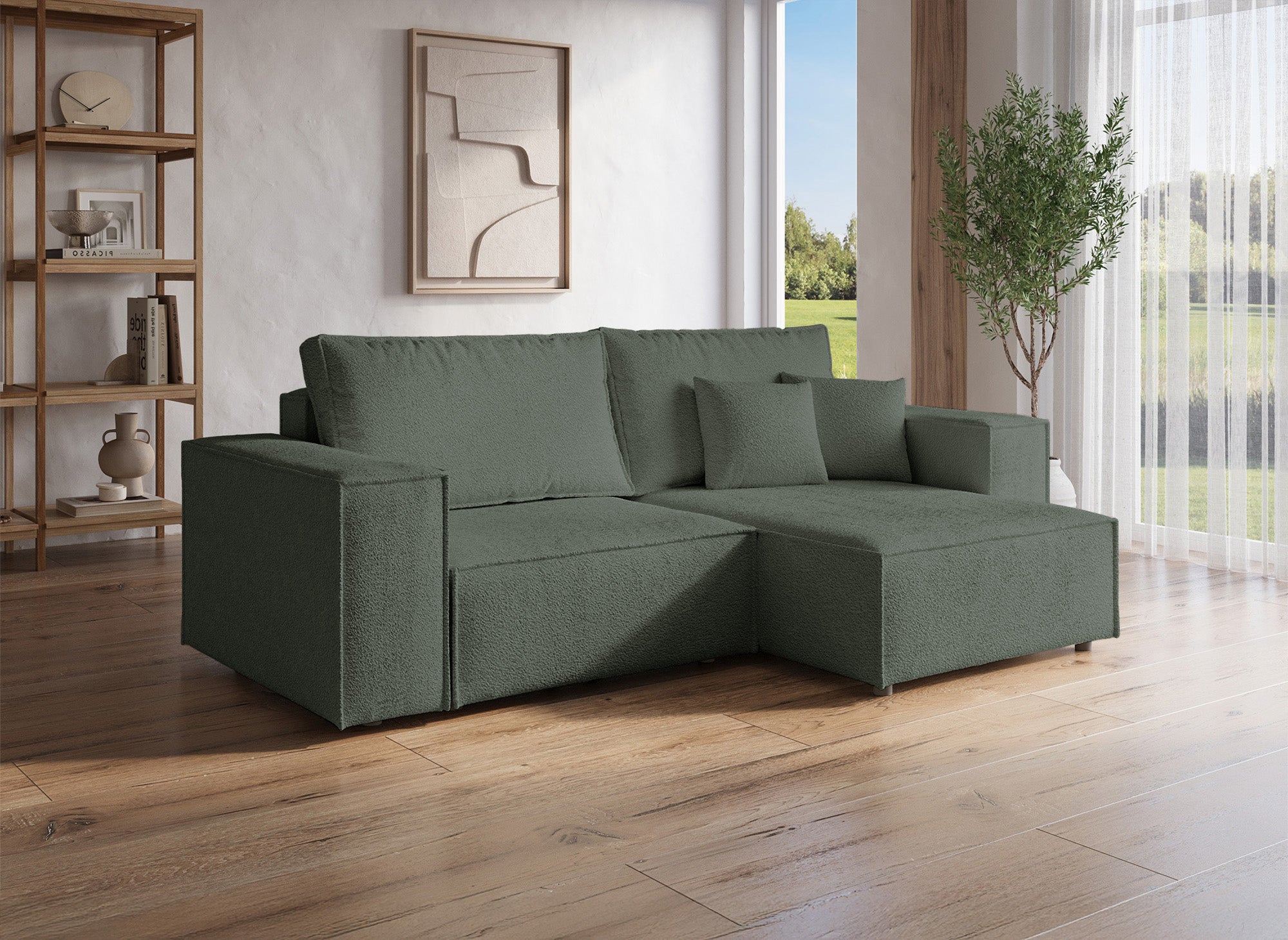 Canapé d'angle convertible et réversible avec coffre en tissu bouclette vert  kaki JADE MINI