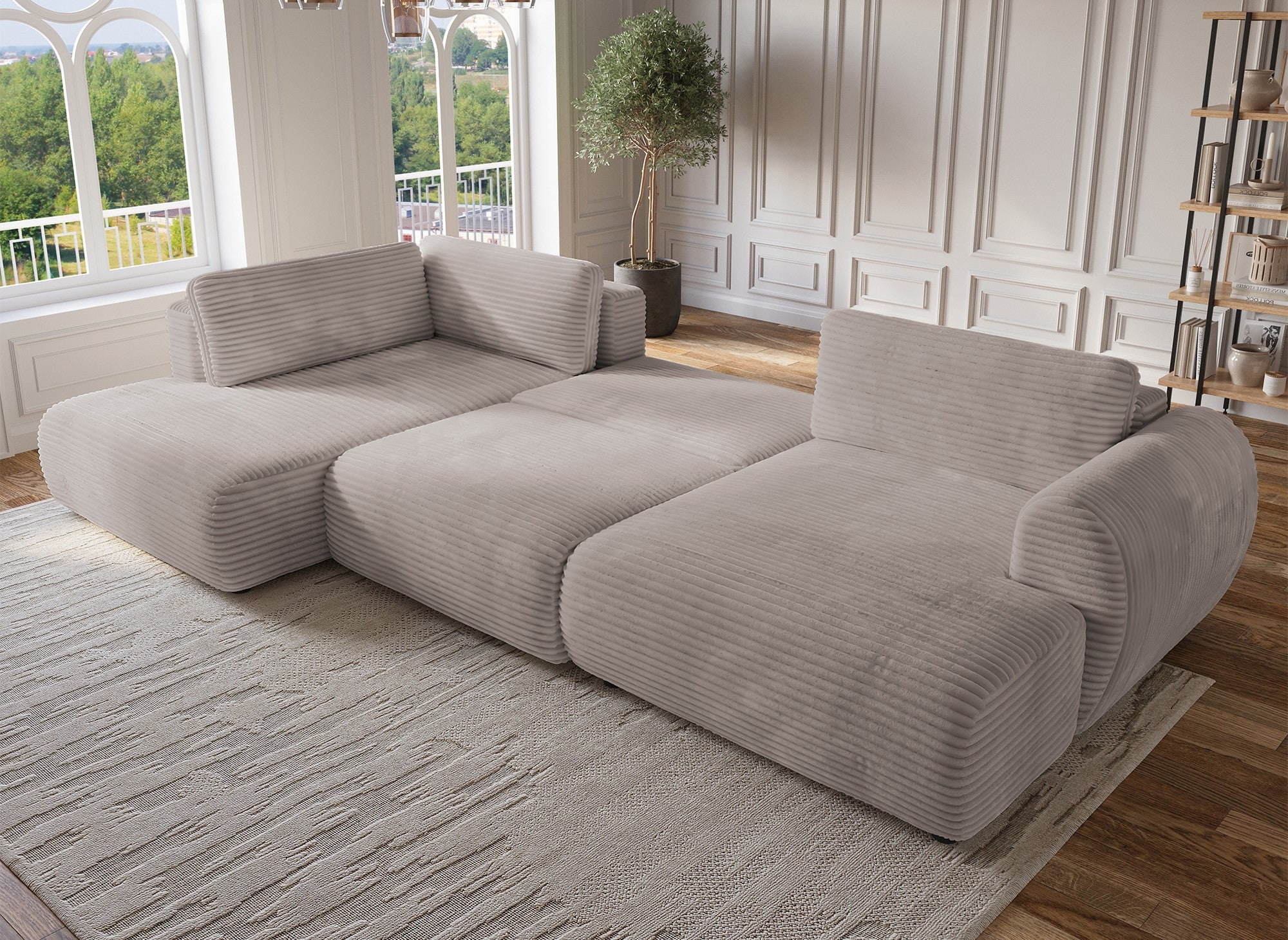 Canapé panoramique convertible avec coffre en velours gros côtelé taupe TILDA - Angle gauche