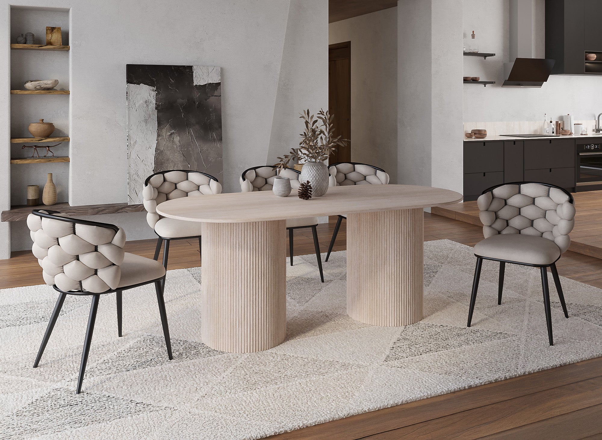 Table à manger ovale en marbre composite beige 8 personnes DHARA