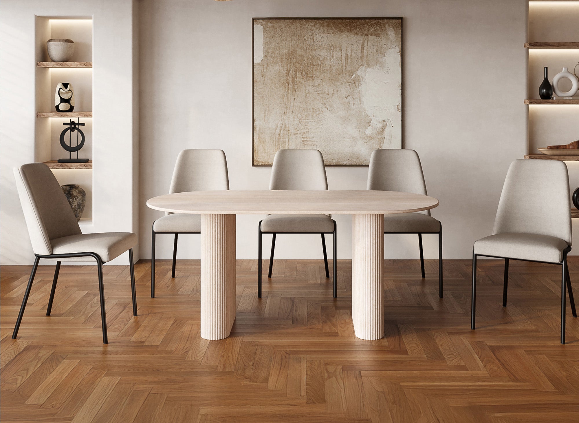 Table à manger ovale en marbre composite beige 6 personnes ELMA