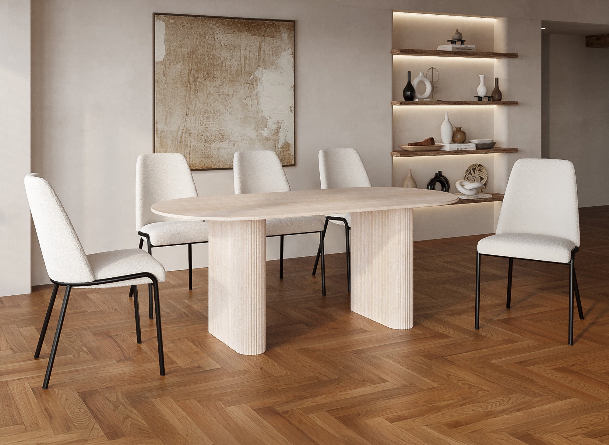 Table à manger ovale en marbre composite beige 8 personnes ELMA