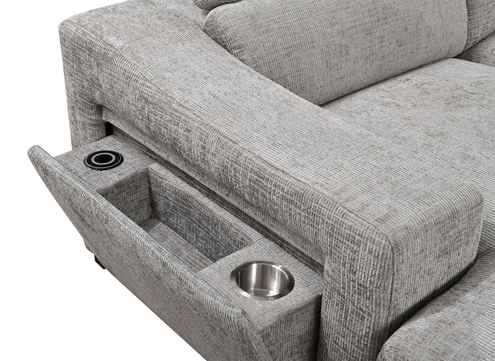 Canapé panoramique convertible avec 2 coffres en velours chiné gris VELORA