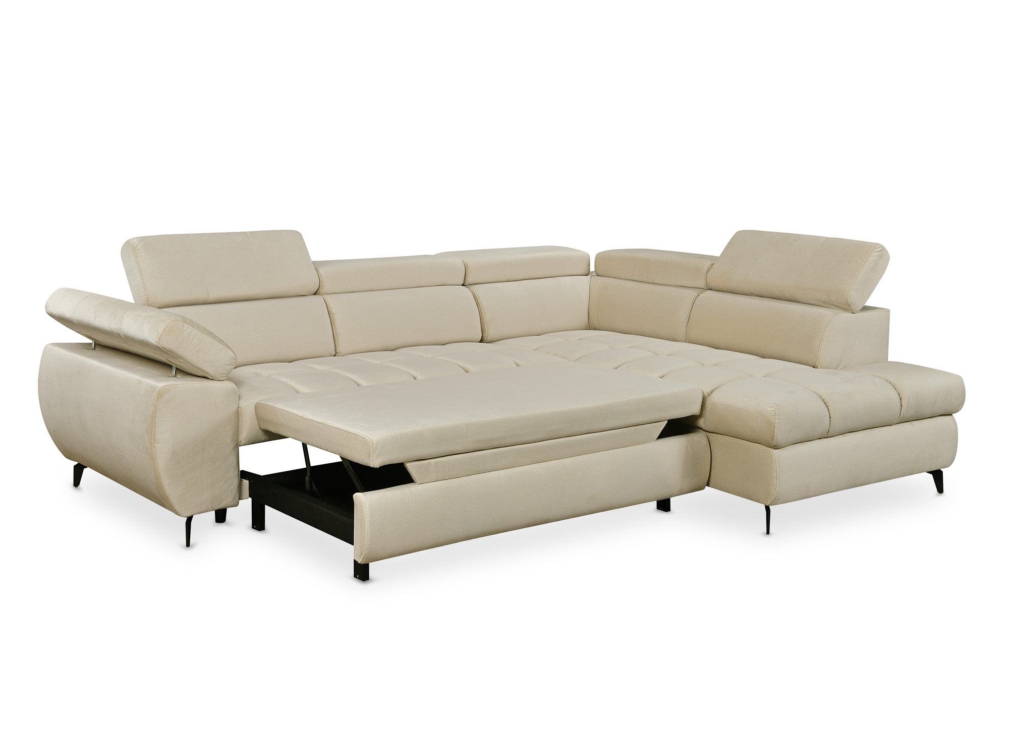 Canapé d'angle convertible matelassé avec coffre en velours beige LUCIANO - Angle droit