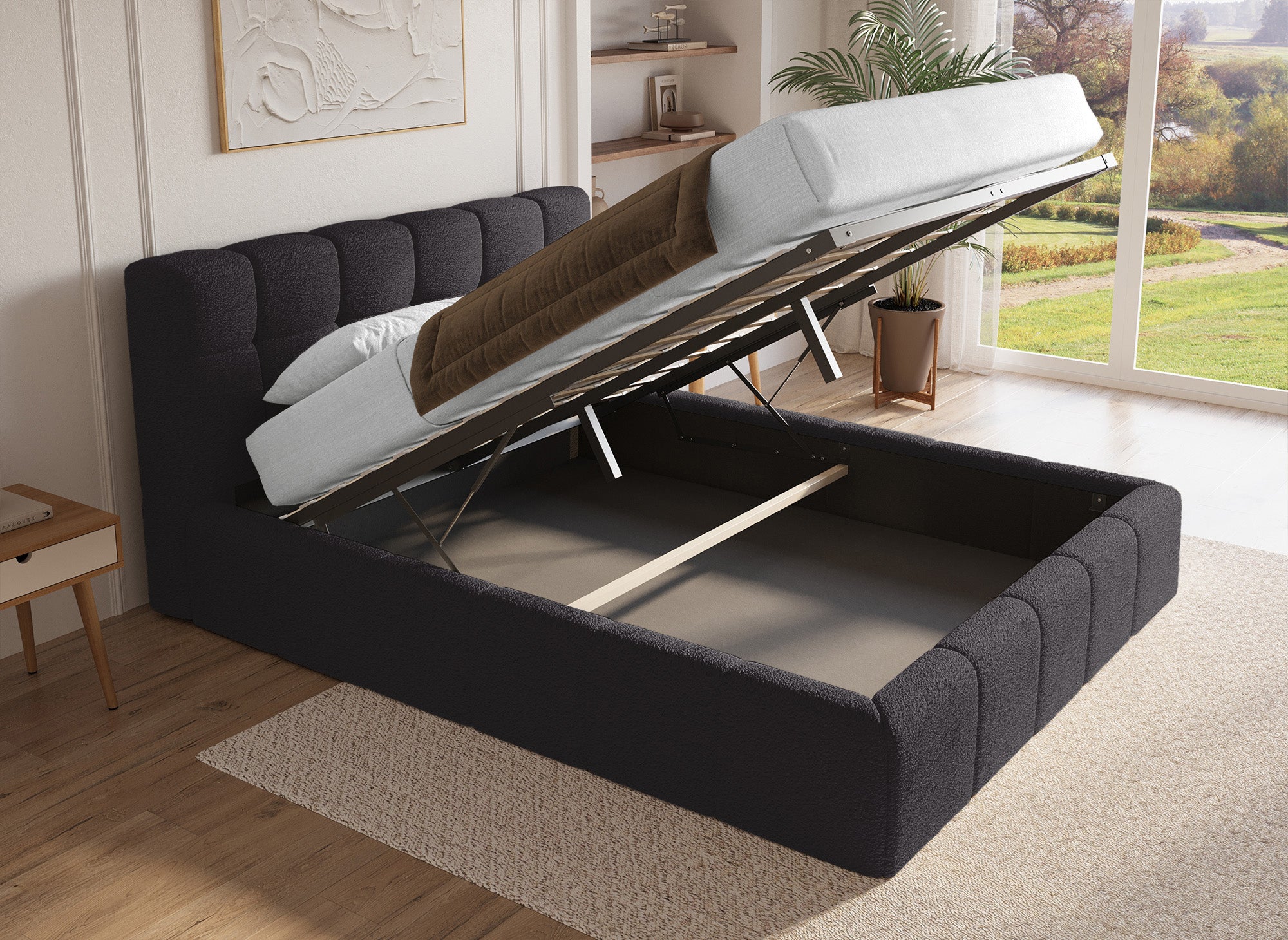 Lit coffre en tissu bouclette gris 160x200 cm MILIE