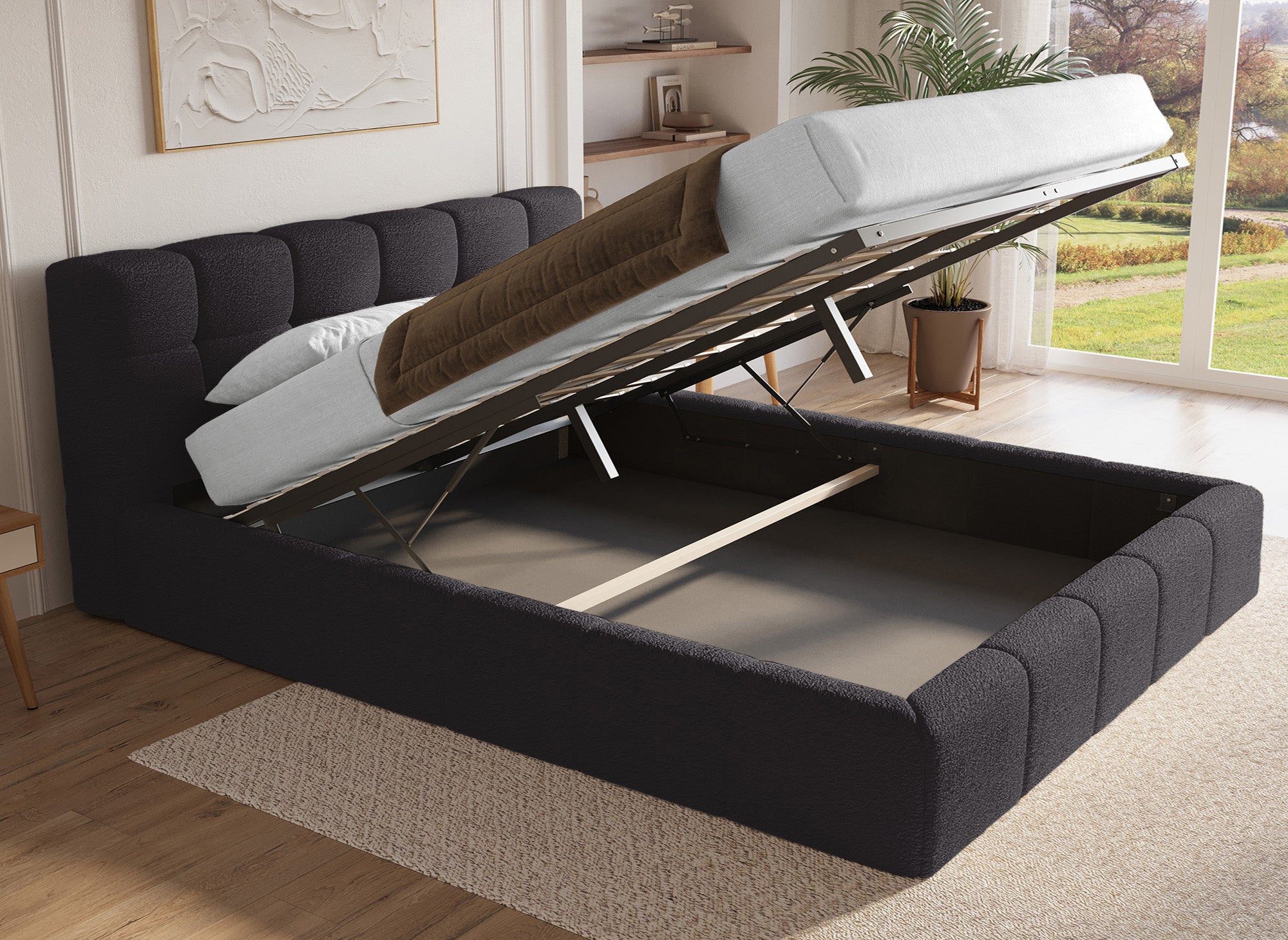 Letto contenitore in tessuto spugna grigio 180x200 cm MILIE