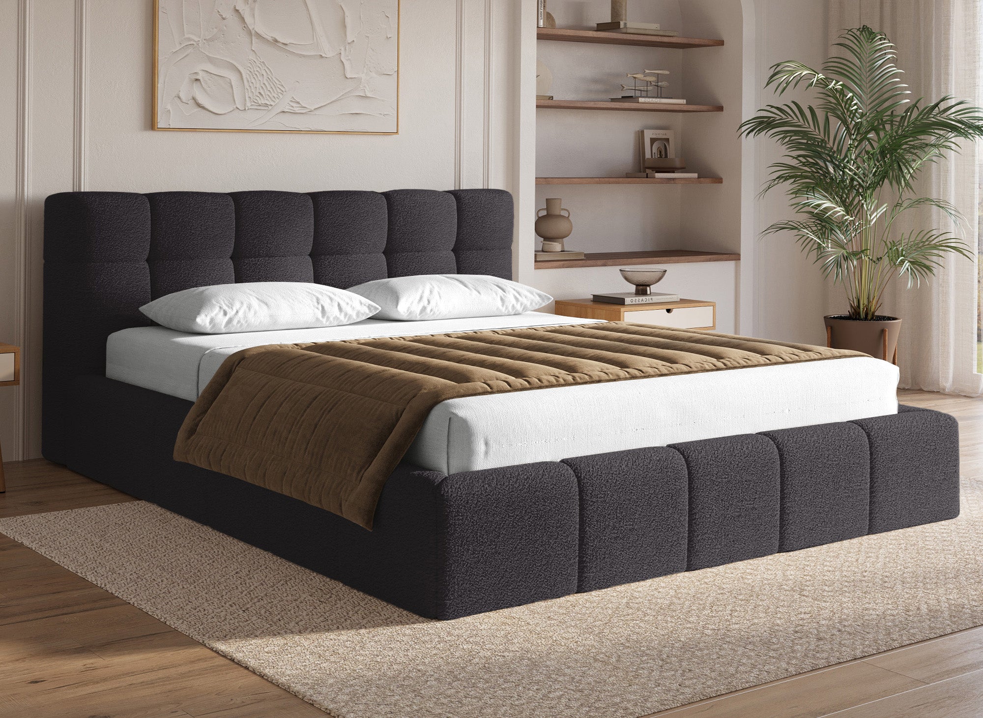 Letto contenitore in tessuto spugna grigio 180x200 cm MILIE