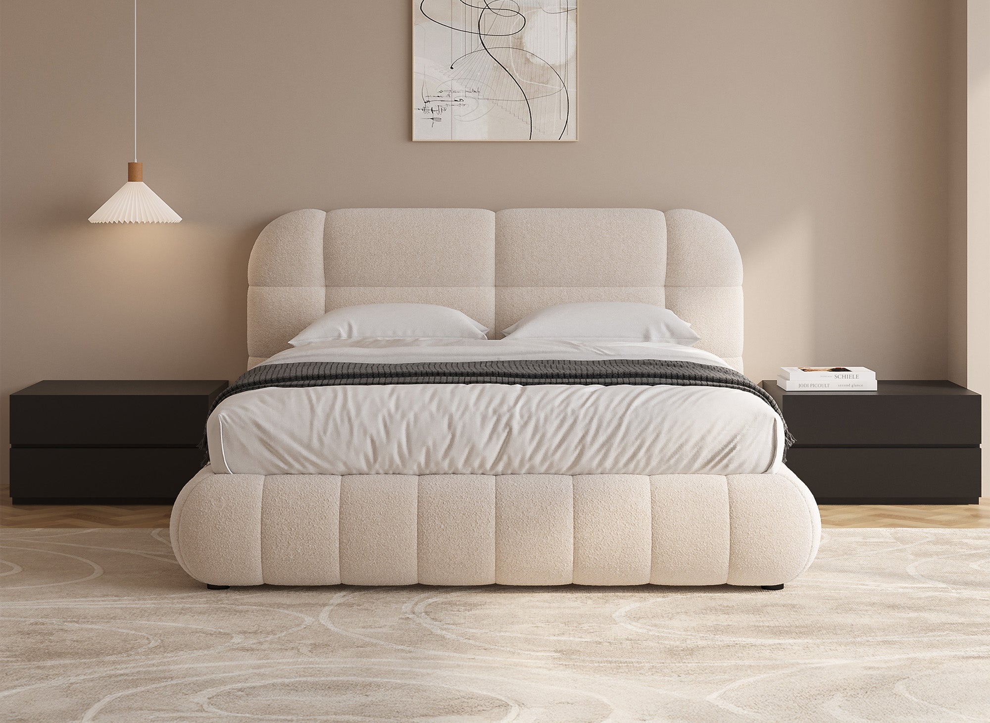 Lit double en tissu bouclette écru 160x200 cm YOURI