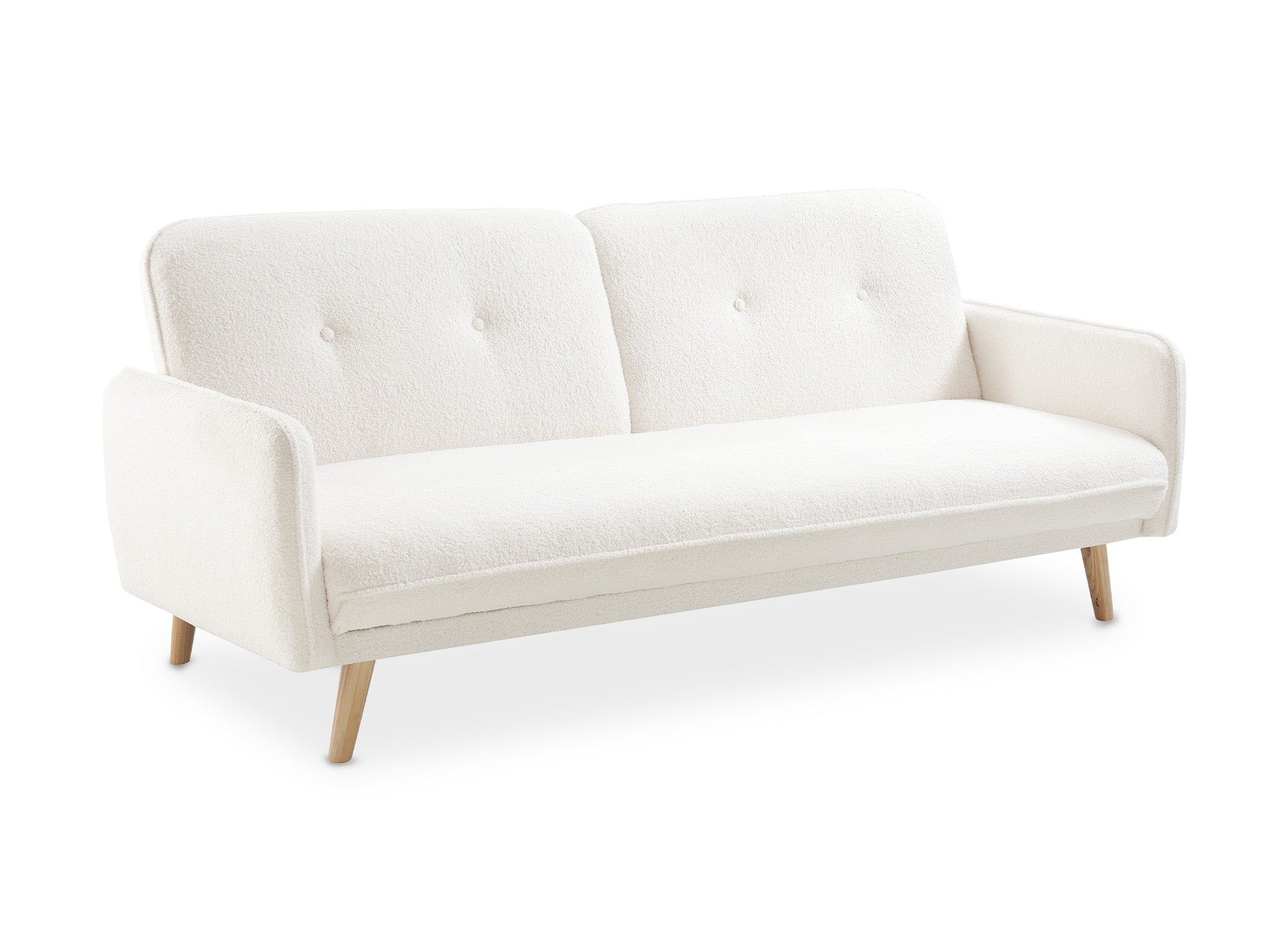 Canapé clic clac en tissu bouclette blanc écru avec pieds en bois NATAL