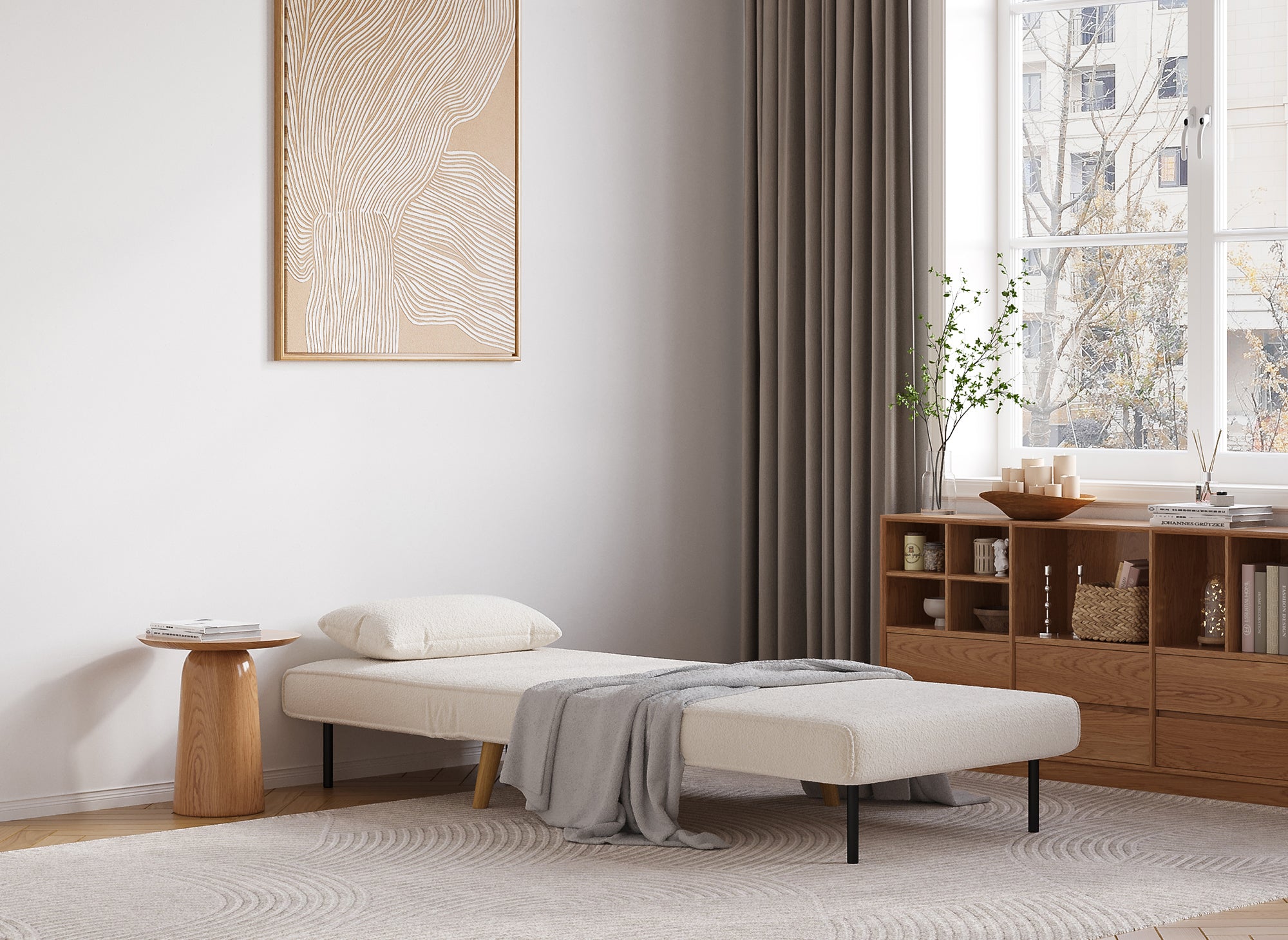 Fauteuil convertible en tissu effet peau de mouton blanc écru TONKA