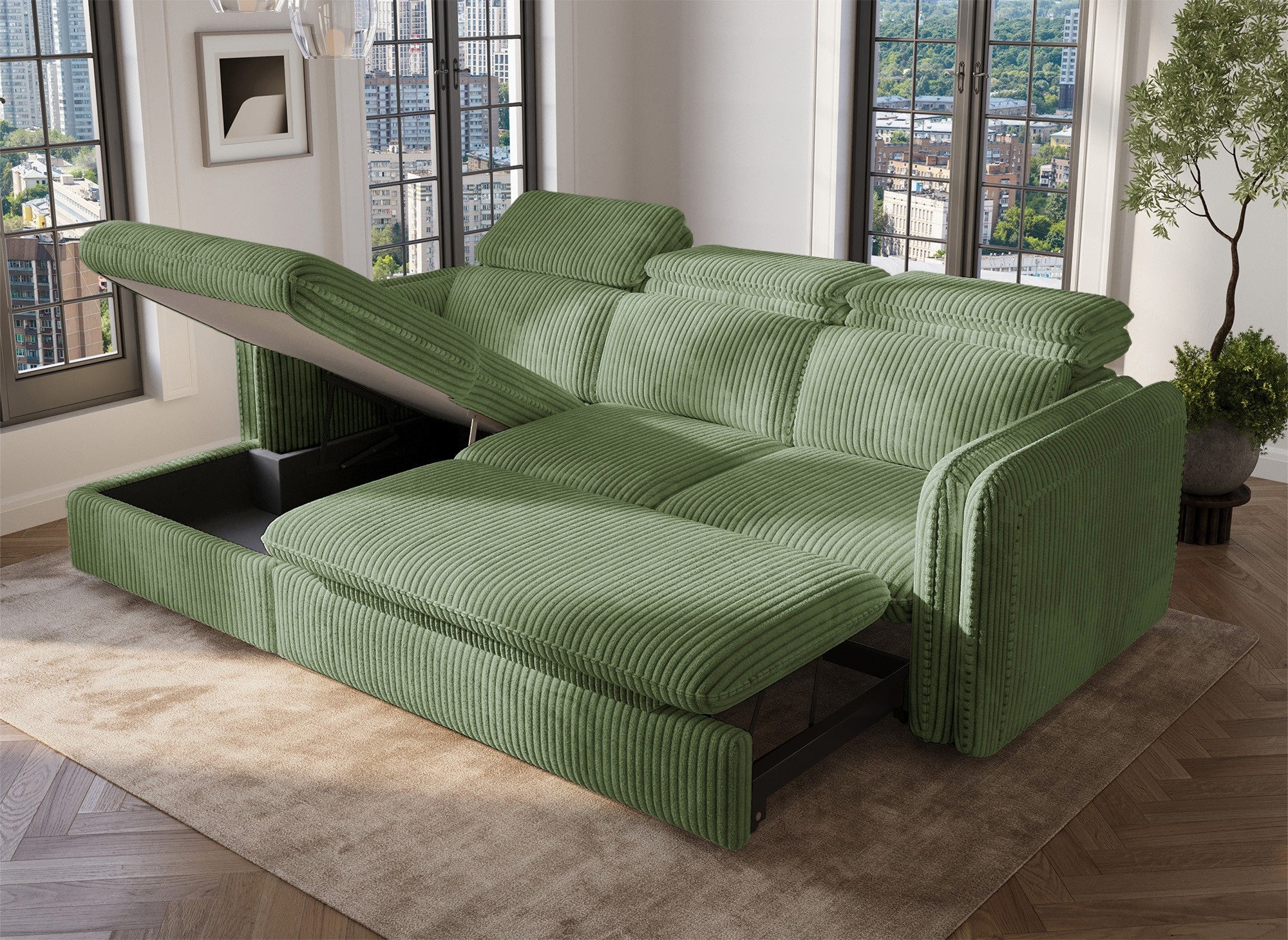 Canapé d'angle convertible en velours côtelé épais vert clair ISABELLA - Angle gauche