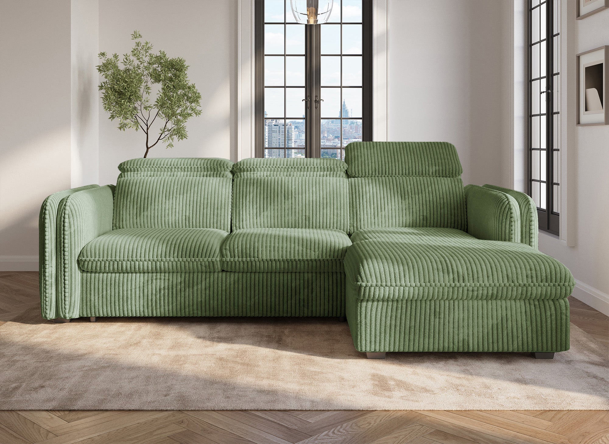 Canapé d'angle convertible en velours côtelé épais vert clair ISABELLA - Angle droit