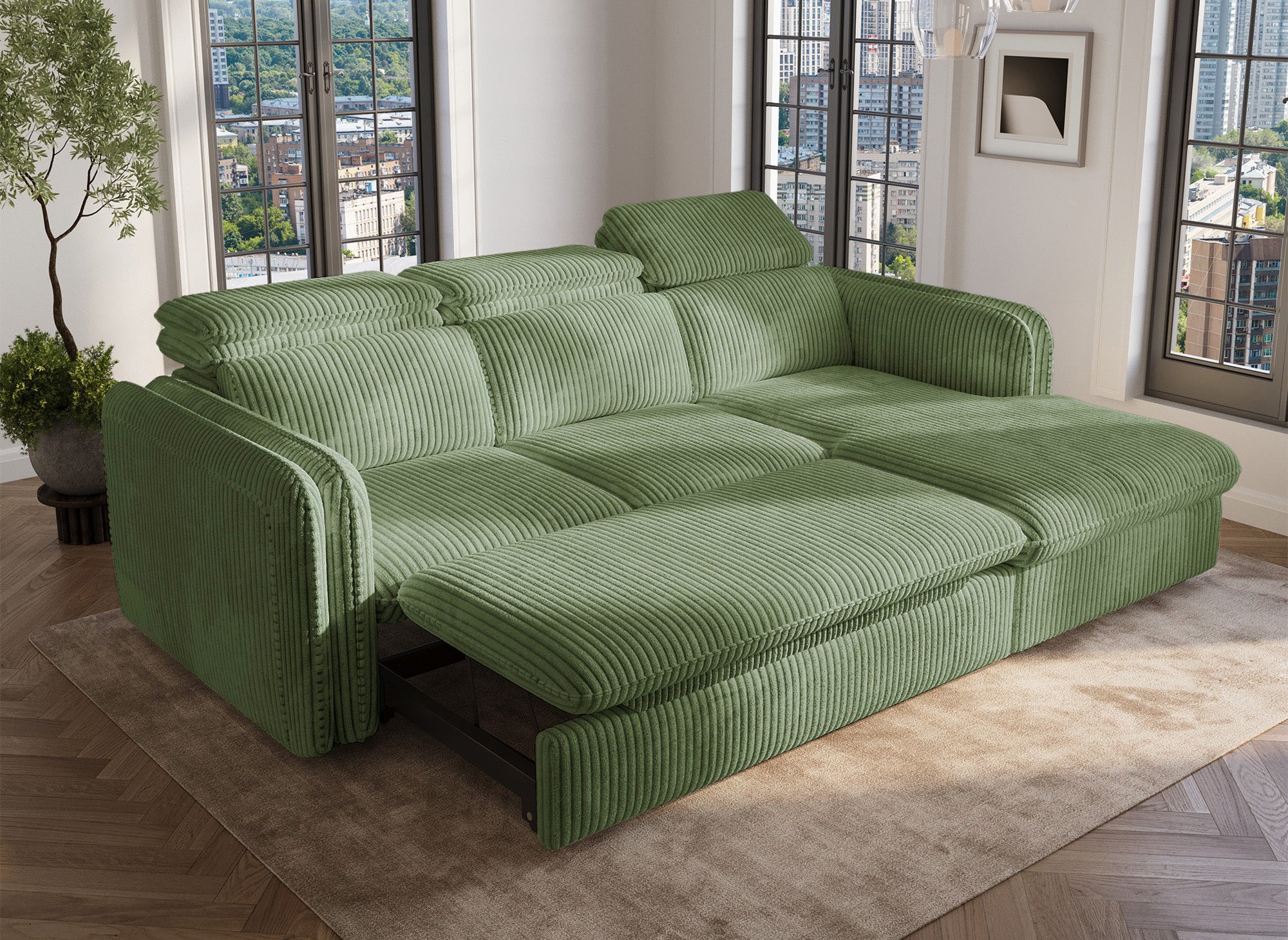 Canapé d'angle convertible en velours côtelé épais vert clair ISABELLA - Angle droit