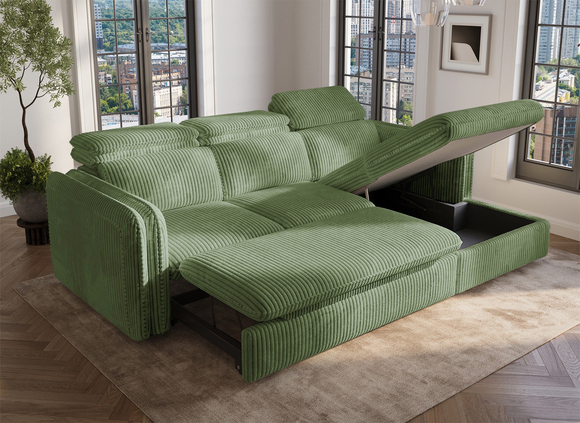 Canapé d'angle convertible en velours côtelé épais vert clair ISABELLA - Angle droit