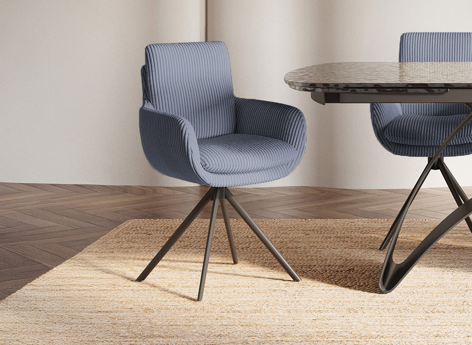 Chaise design avec accoudoirs en velours côtelé gris LOLA