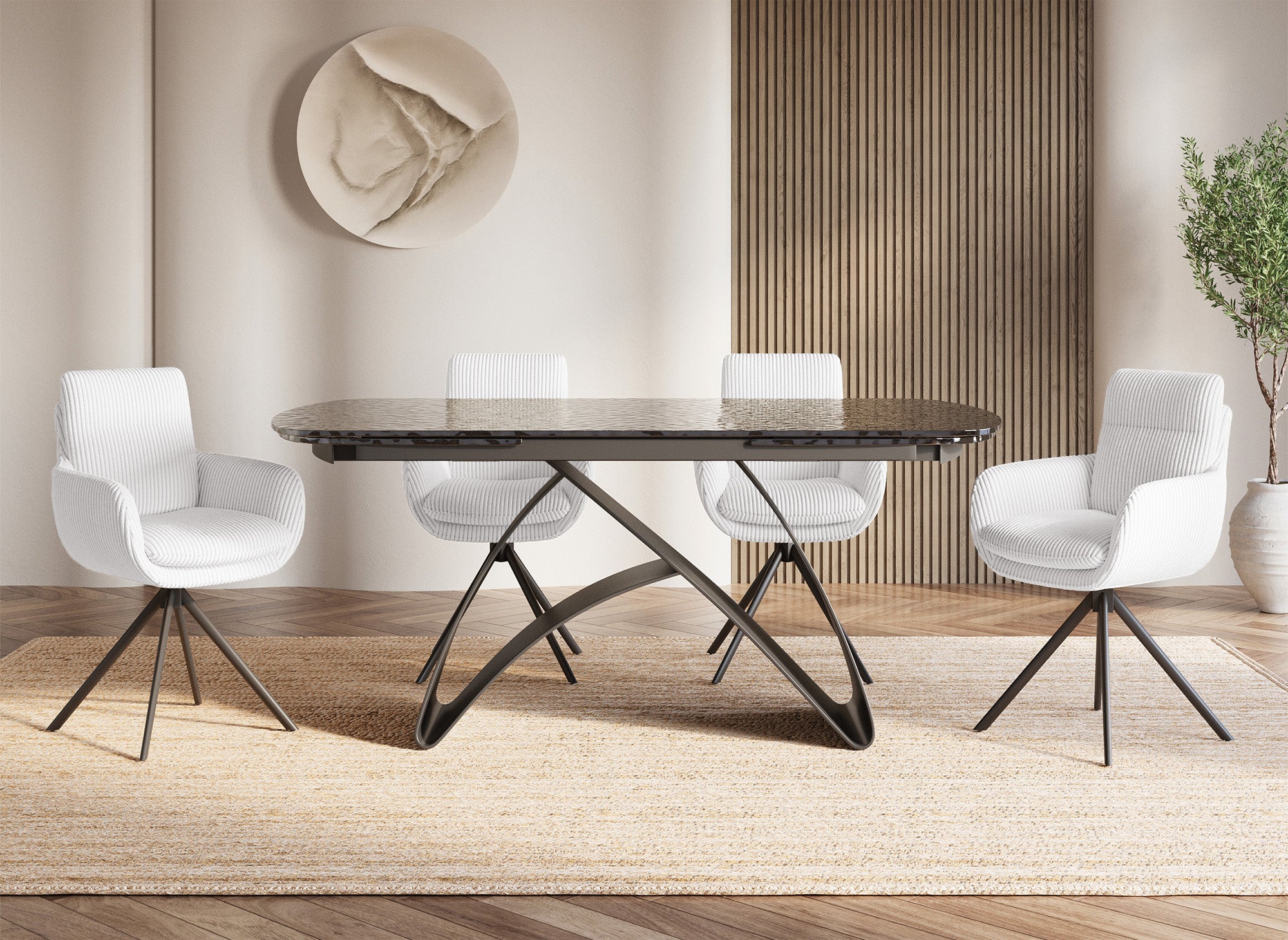 Chaise design avec accoudoirs en velours côtelé blanc écru LOLA