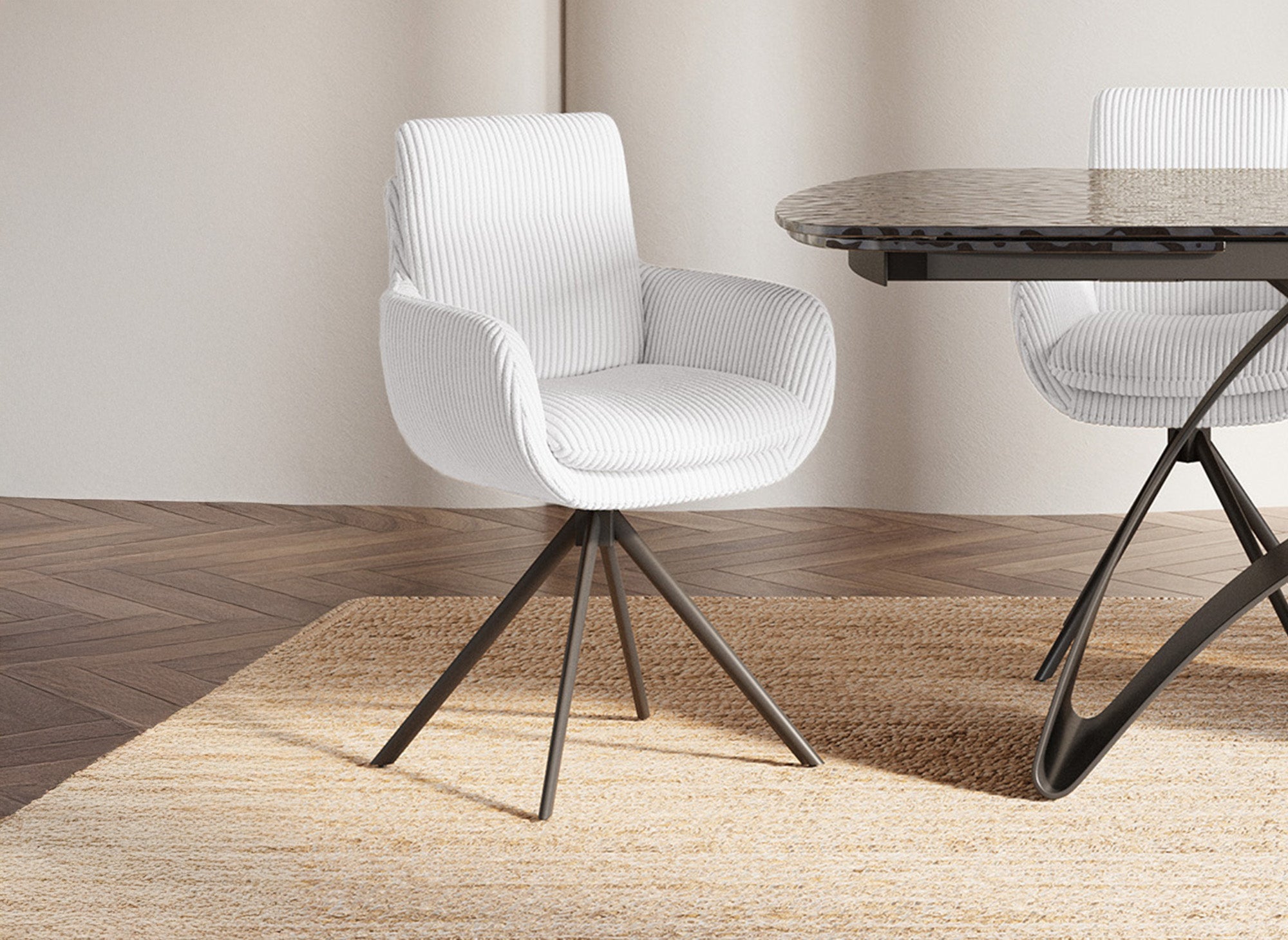 Chaise design avec accoudoirs en velours côtelé blanc écru LOLA